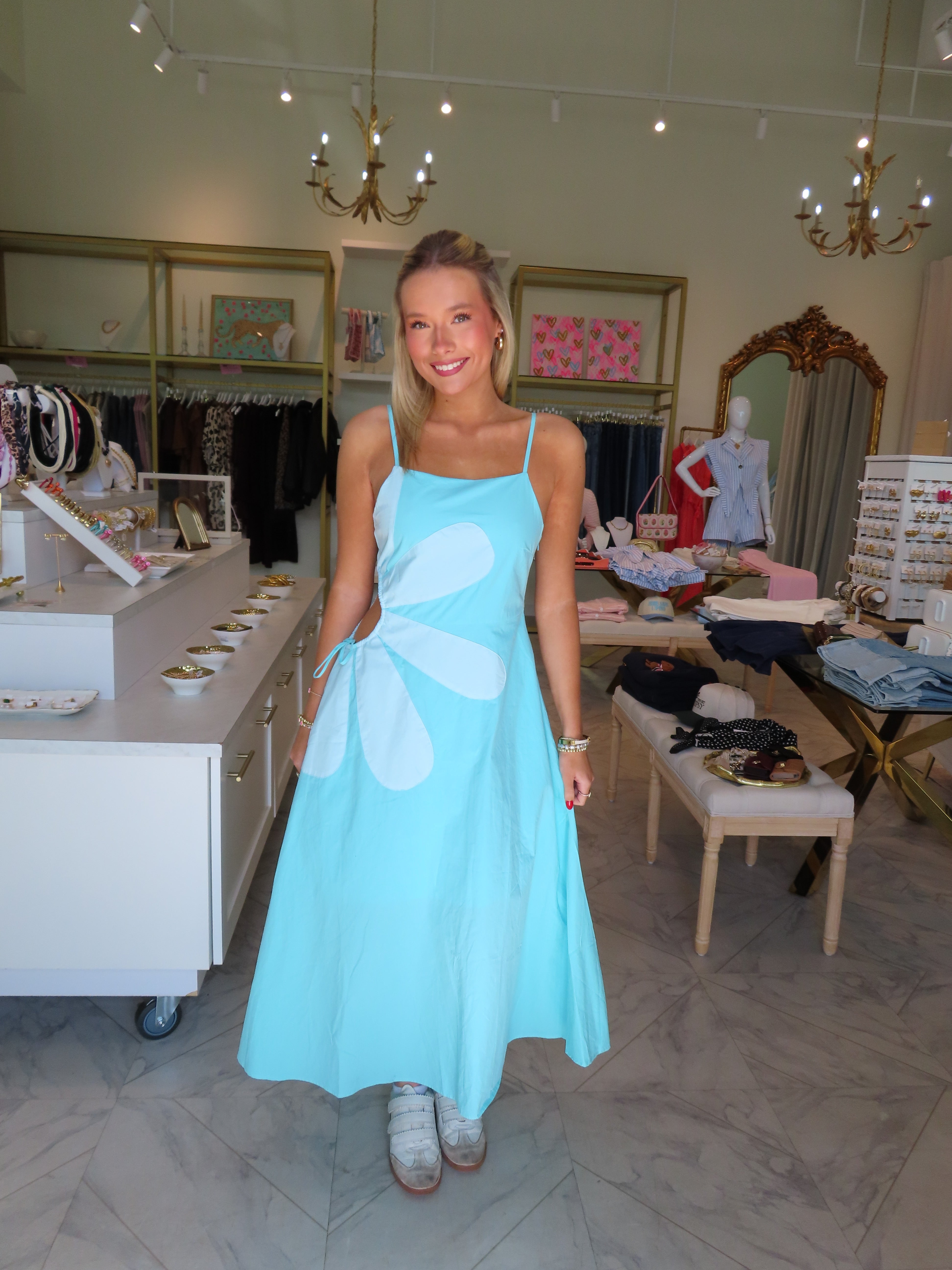 Kaitlyn Side Cut-Out Flower Detail Midi Dress - Aqua Blue