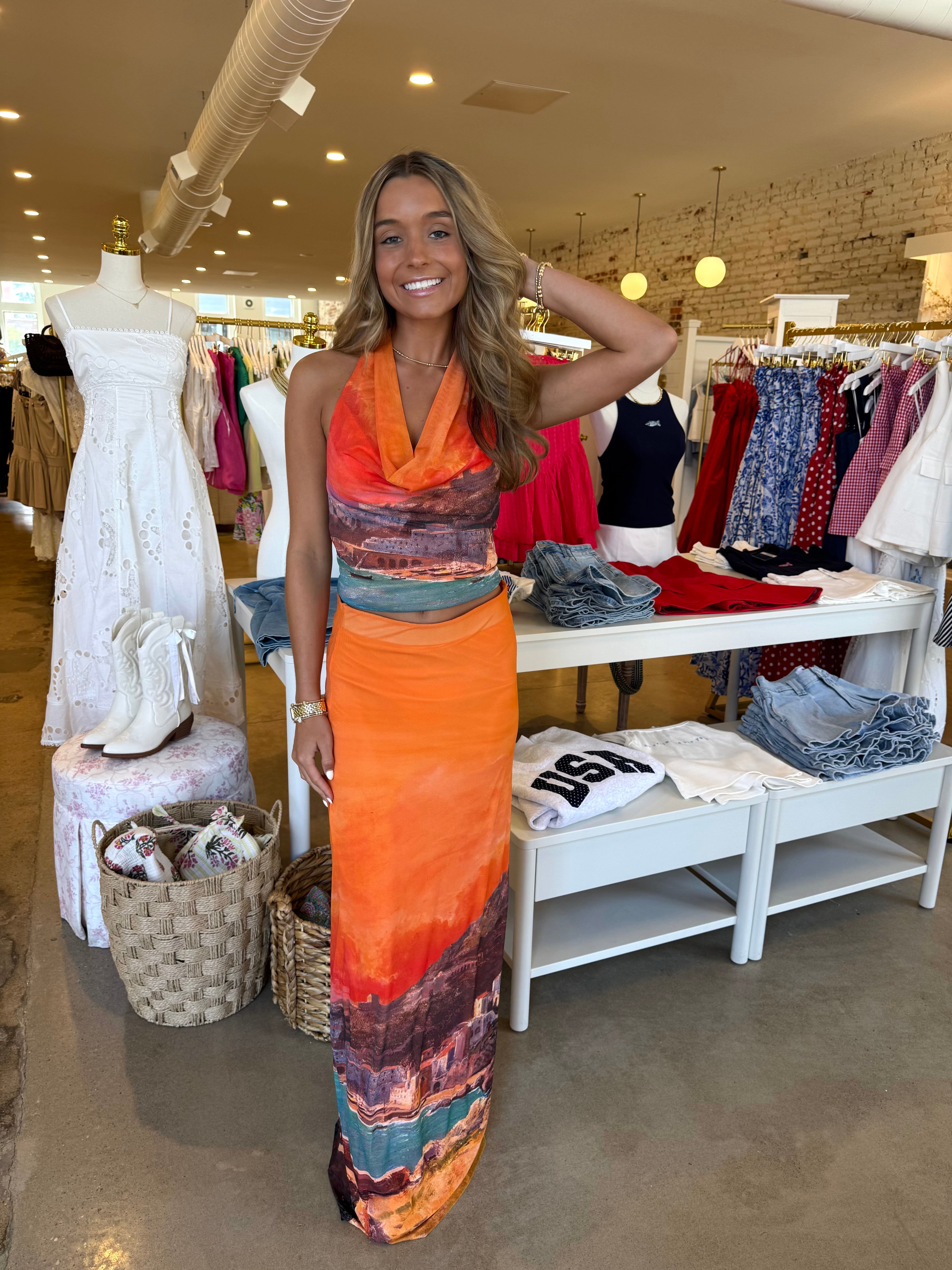 Soren Halter Top & Maxi Skirt Set - Orange Multi