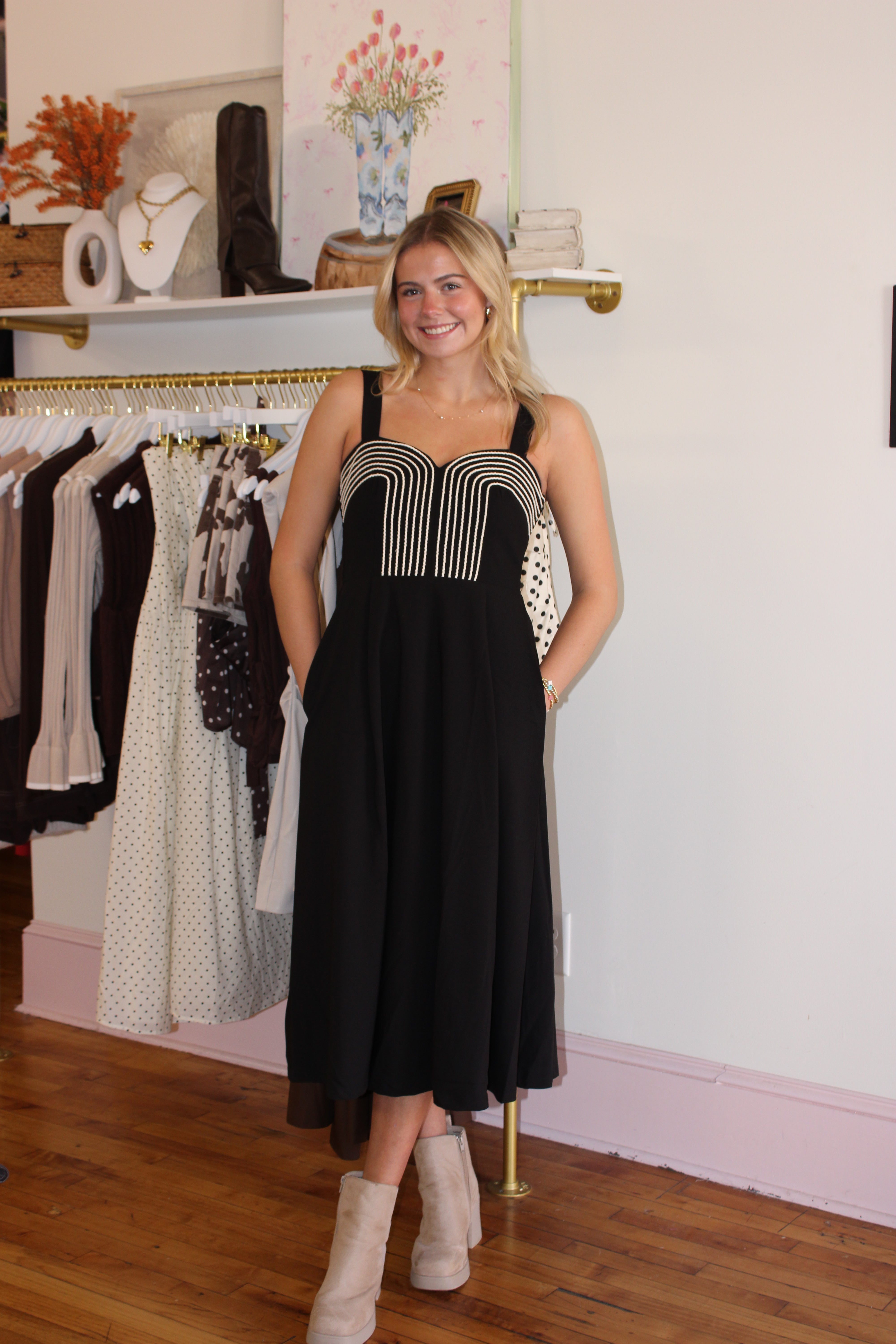 Warren Embroidered Linen Midi Dress - Black