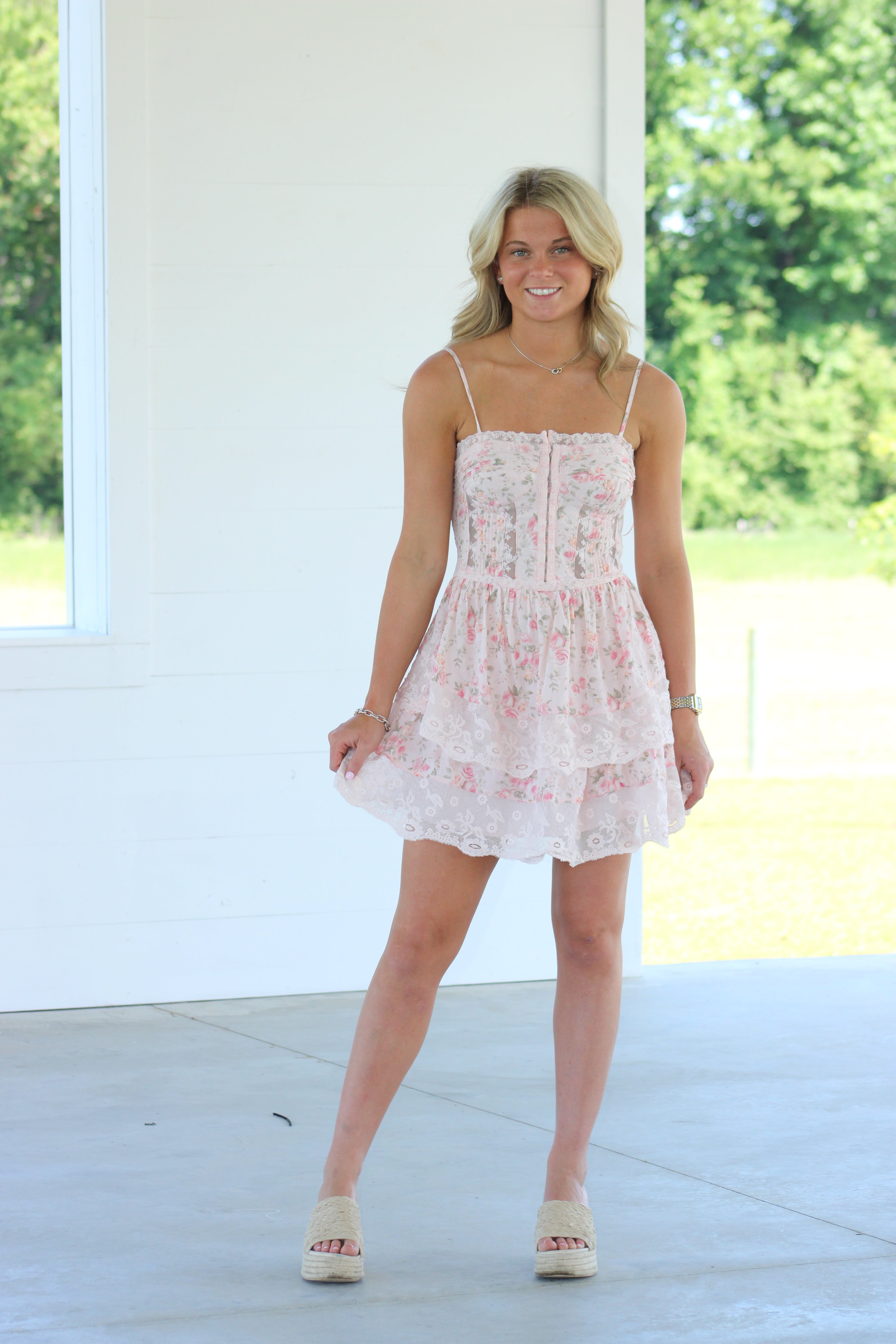 Augusta Mini Dress - Pink Lace