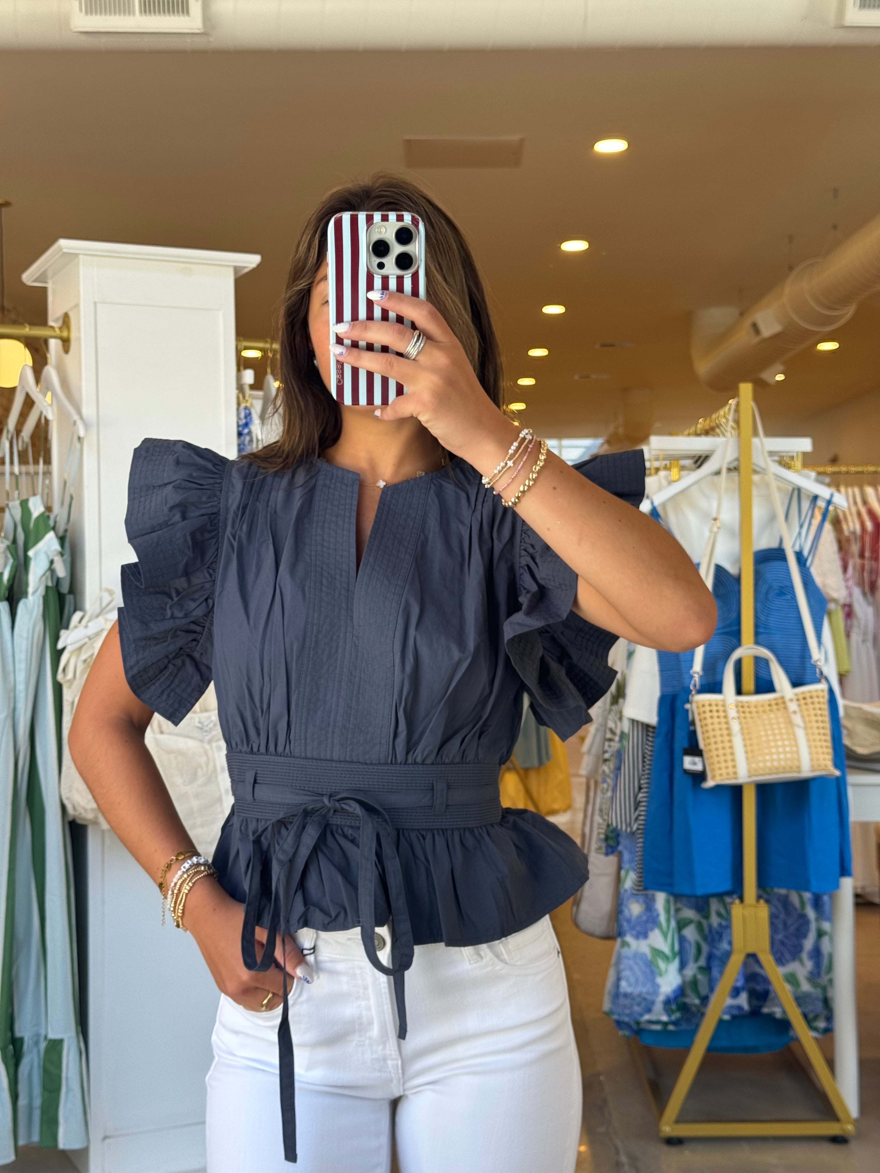 Tate Ruffle Poplin Top - Navy