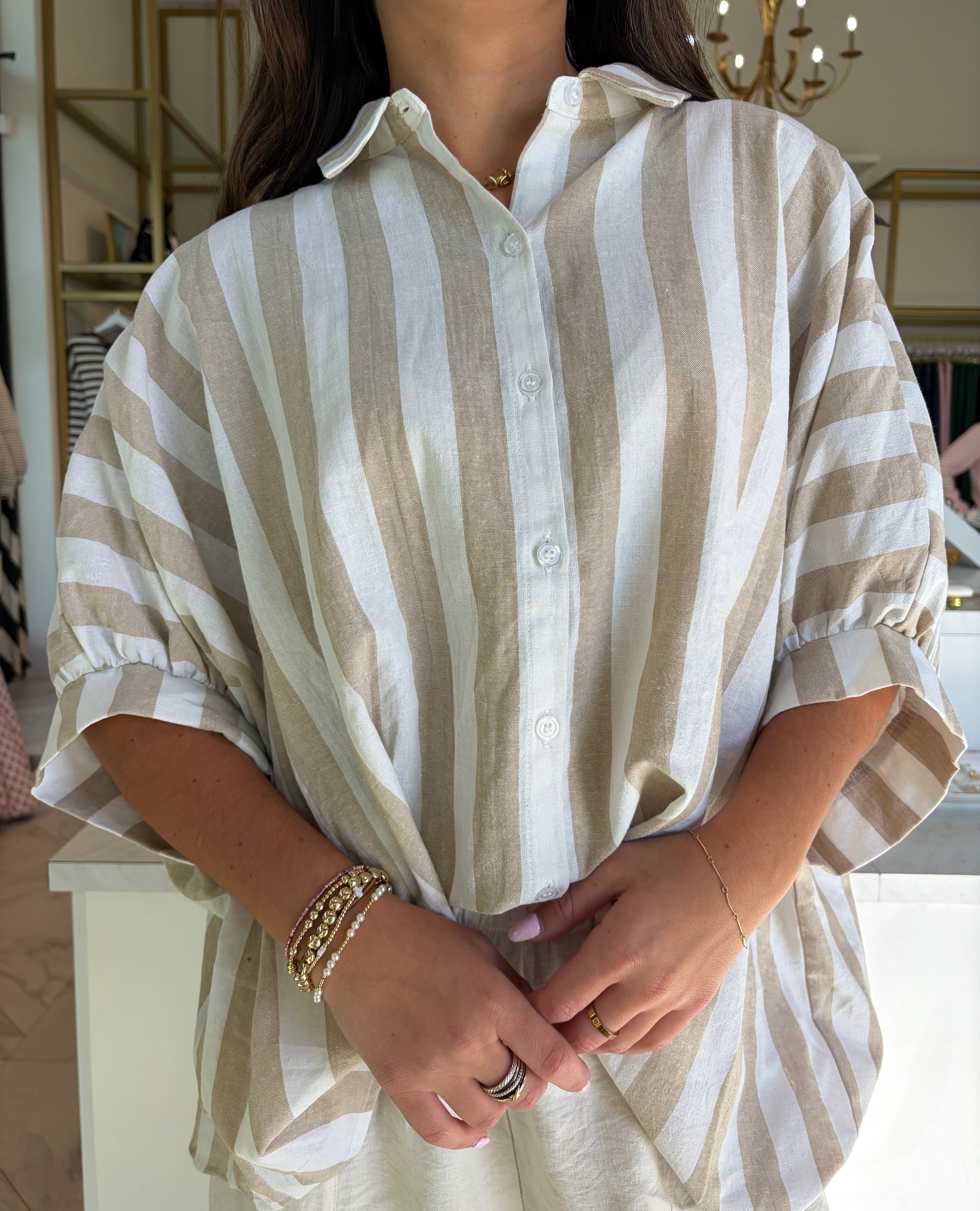 Maya Oversized Button Down Top - Tan & White