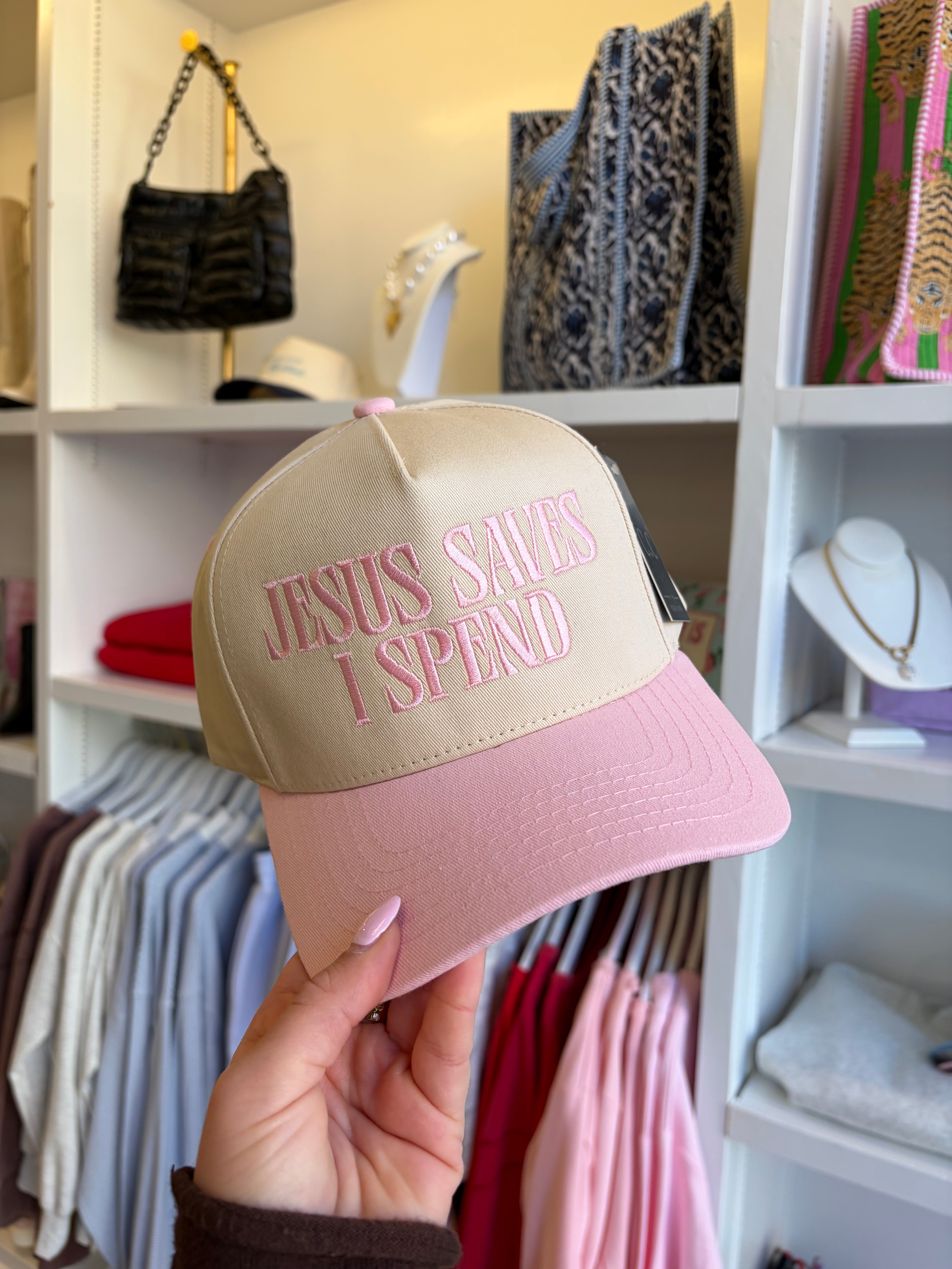 Jesus Saves I Spend Embroidered Hat - Light Pink