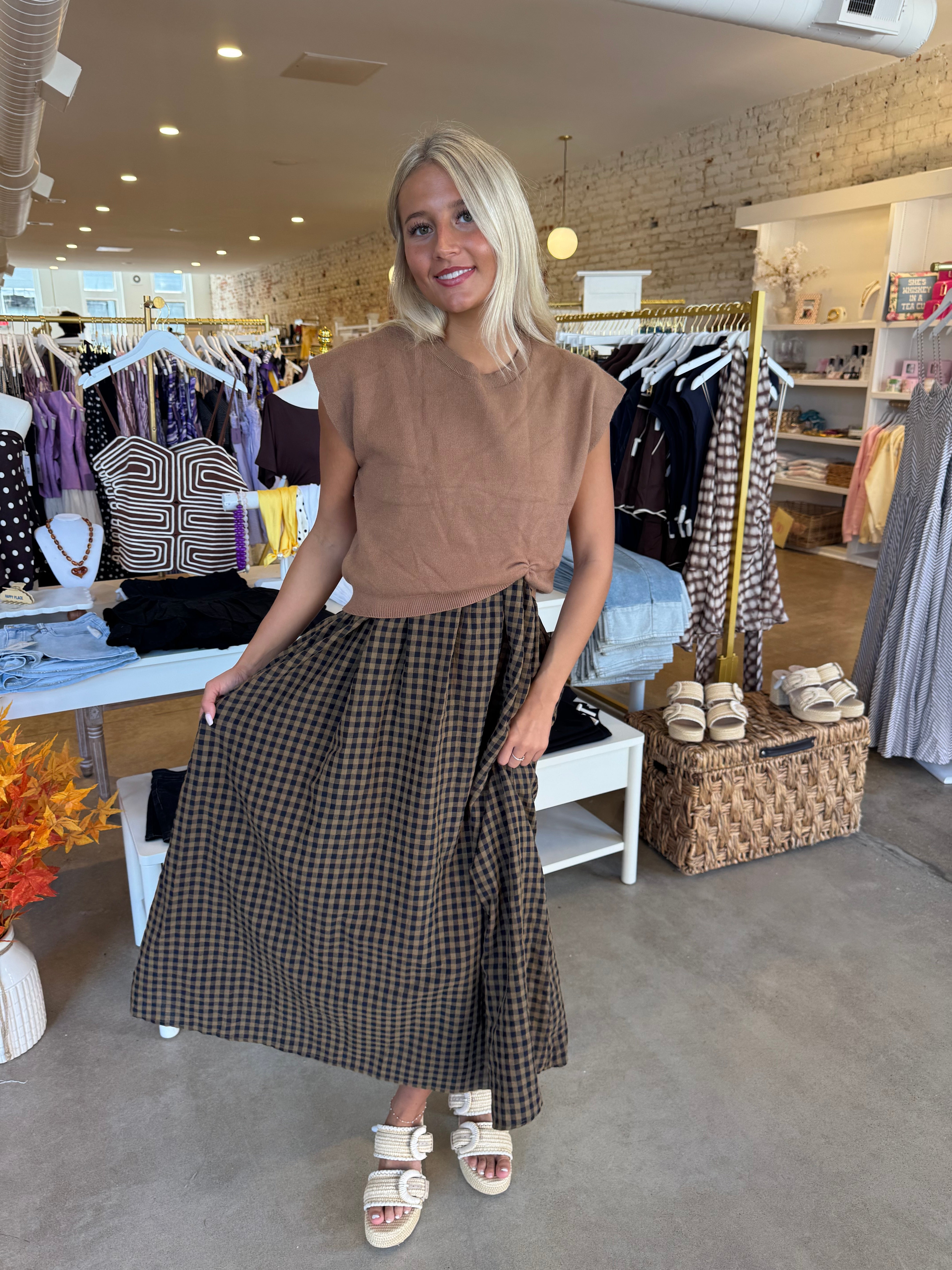 Leaves Are Turning Midi Dress - Tan Gingham