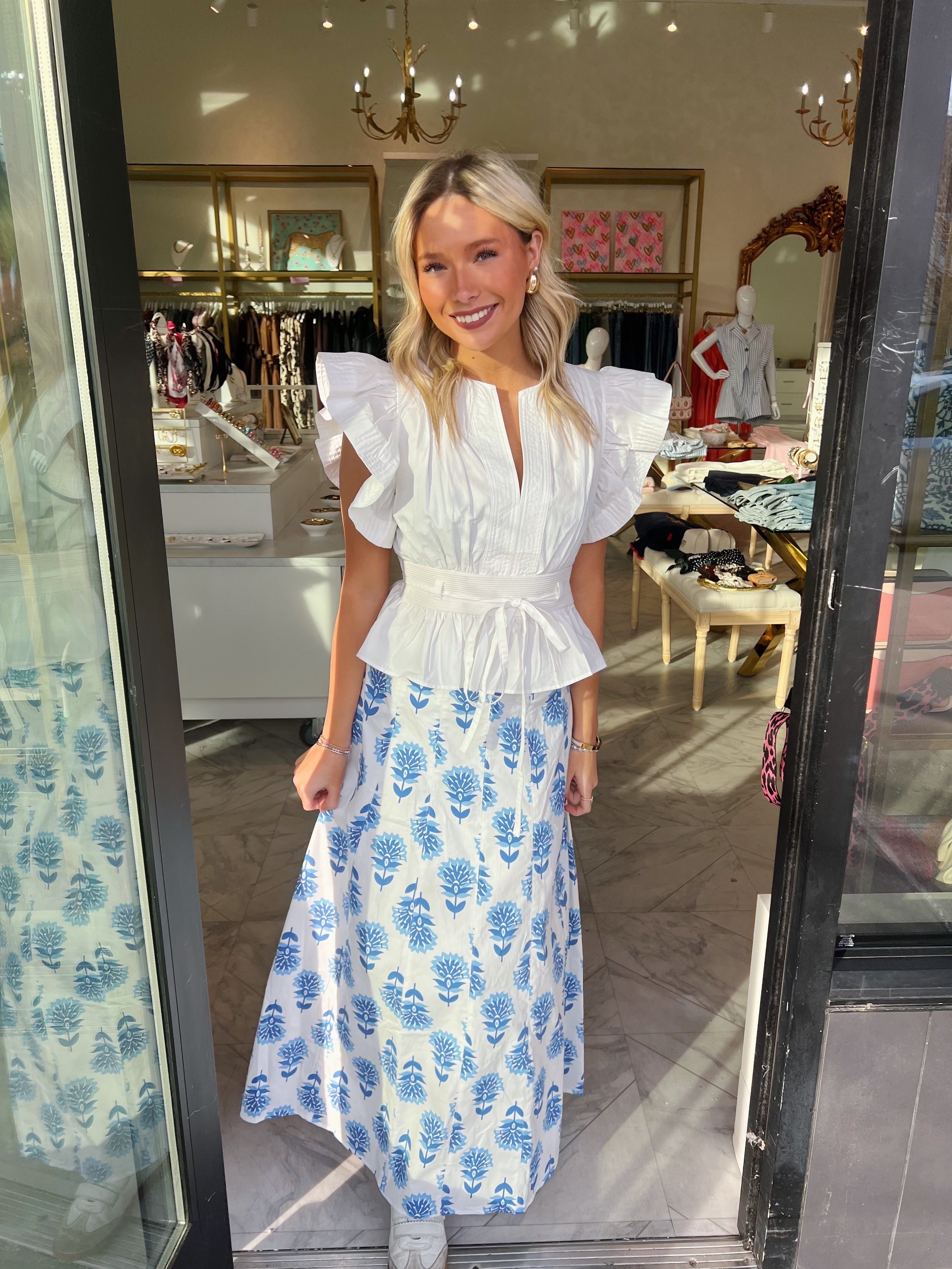 Southern Charm Midi Skirt - Blue & White