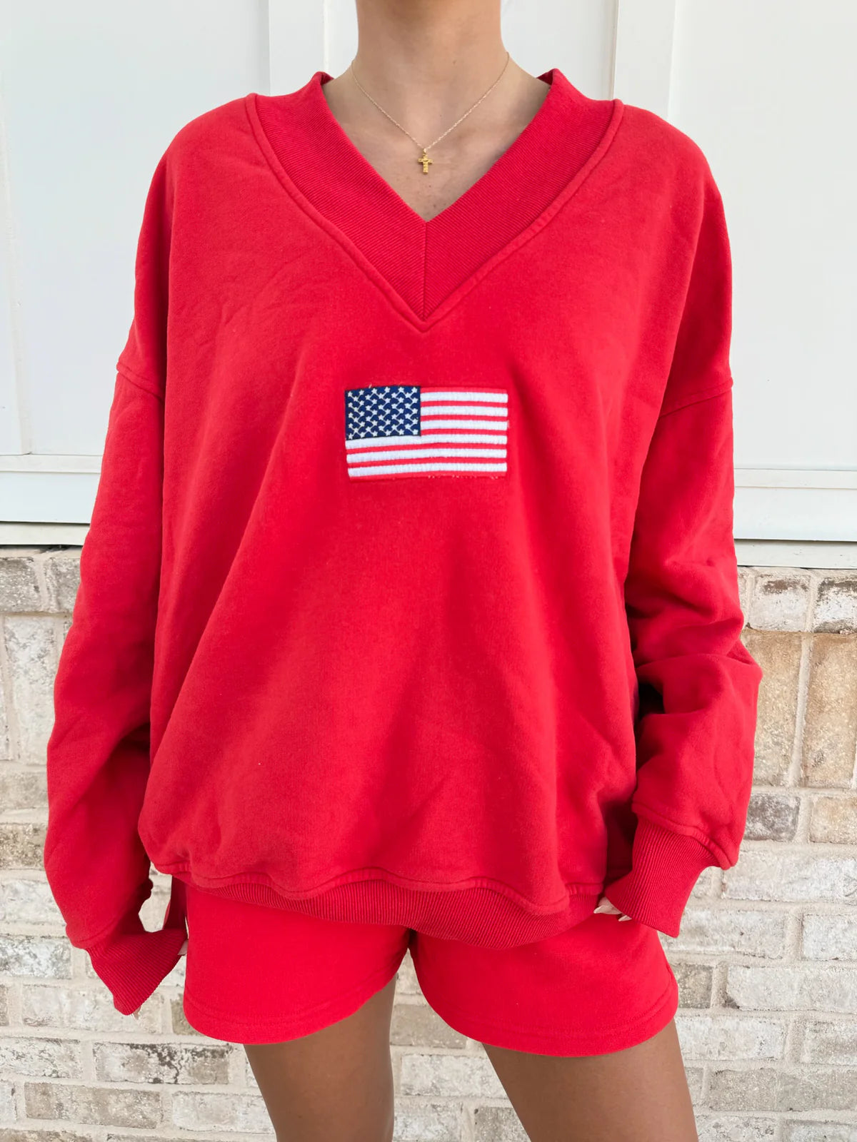 American Flag Embroidered V-Neck Sweatshirt - Red