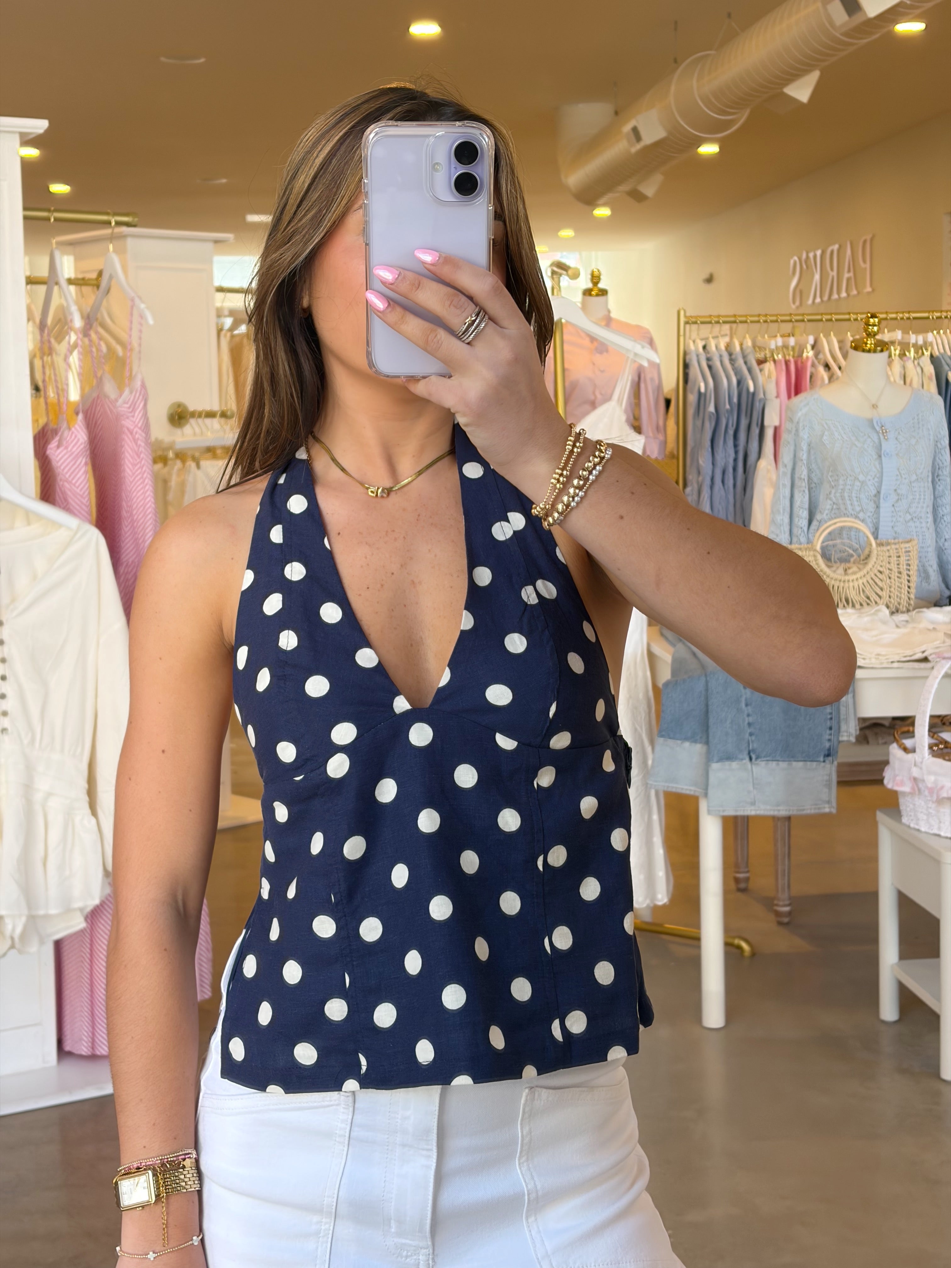 Kayden Linen Top - Navy Polka Dot