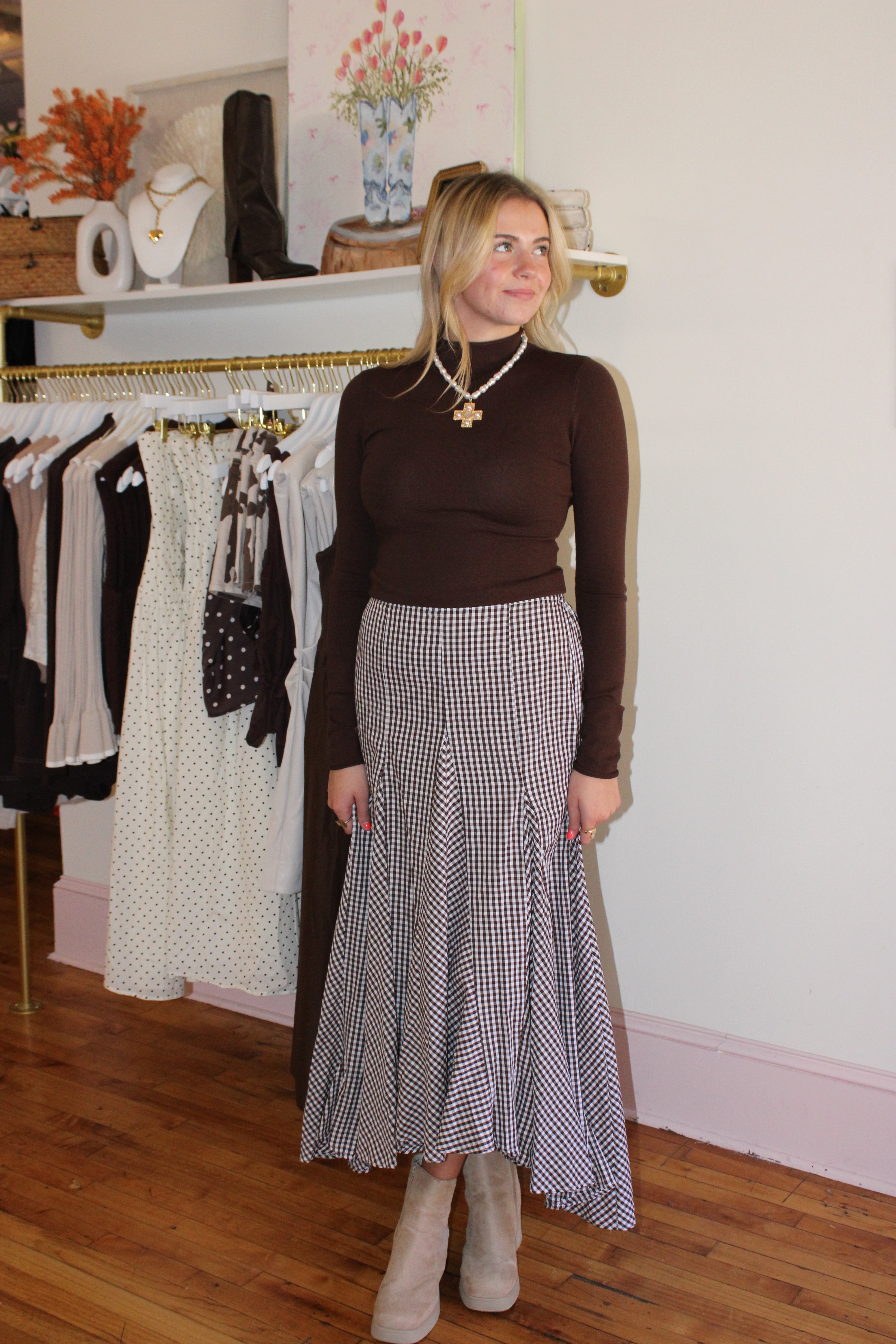 Fall Picnic Midi Skirt - Brown Gingham