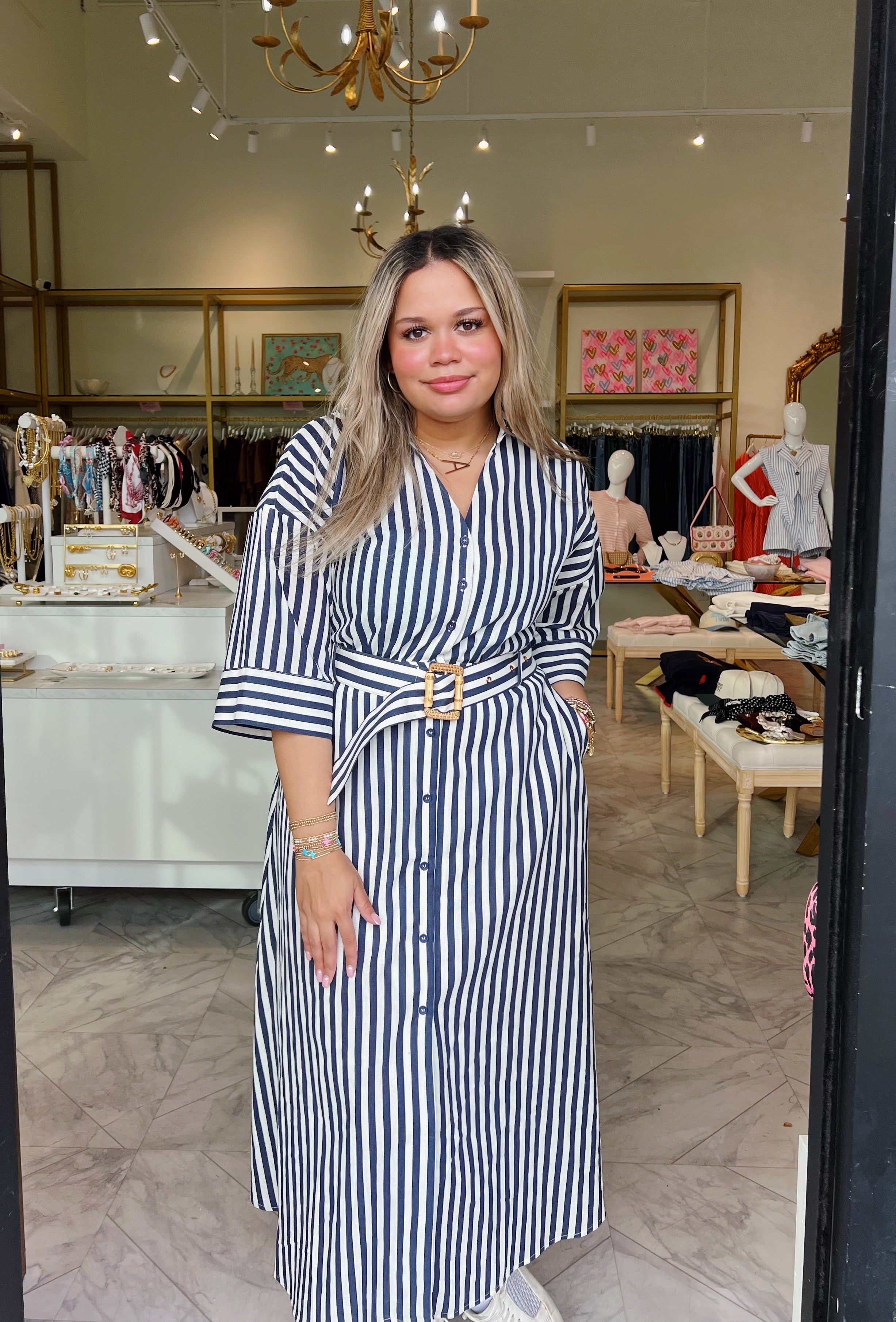 Dinner On The Coast Midi Dress - Navy Stripe