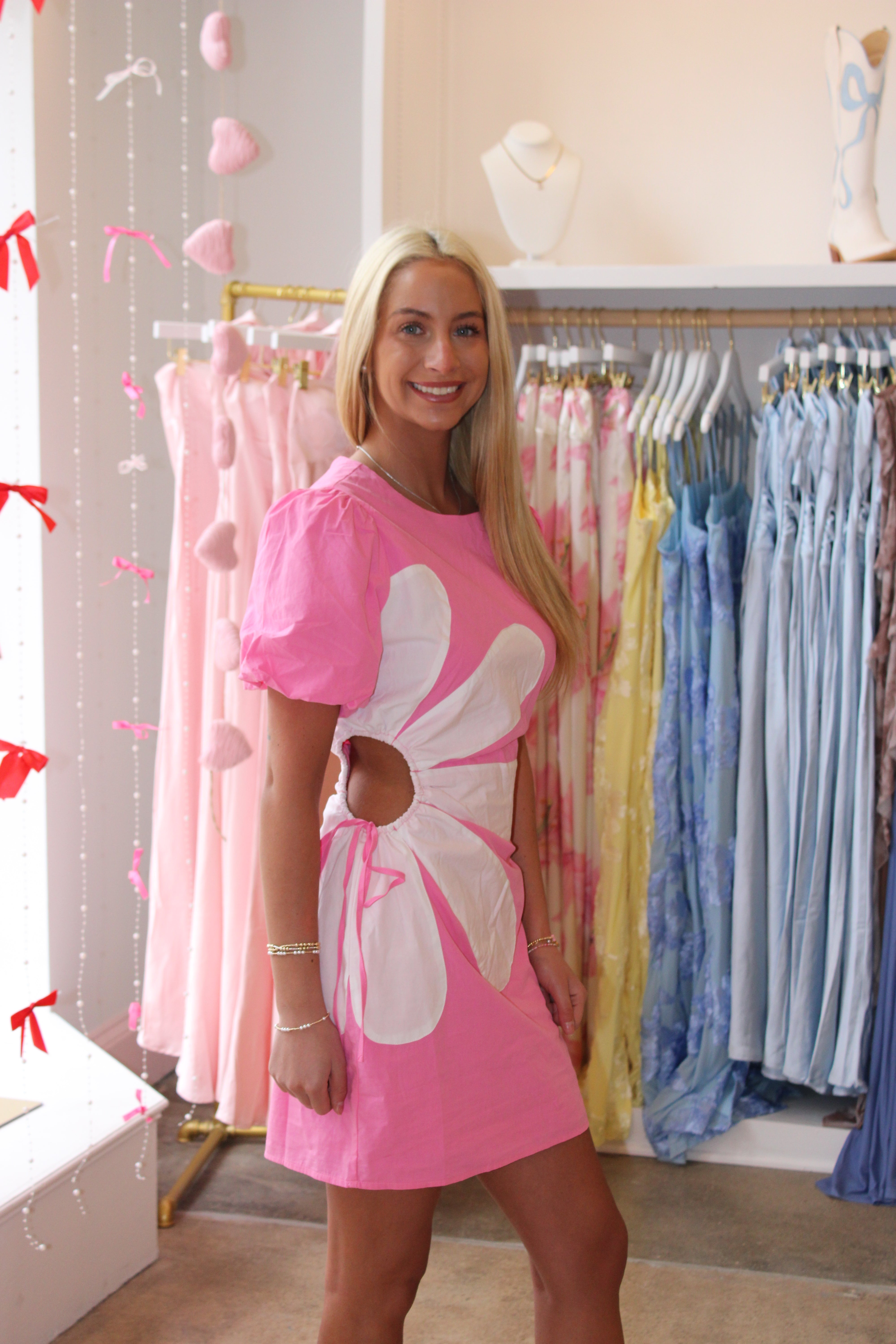 Mary Side Cut-Out Flower Detail Mini Dress - Pink