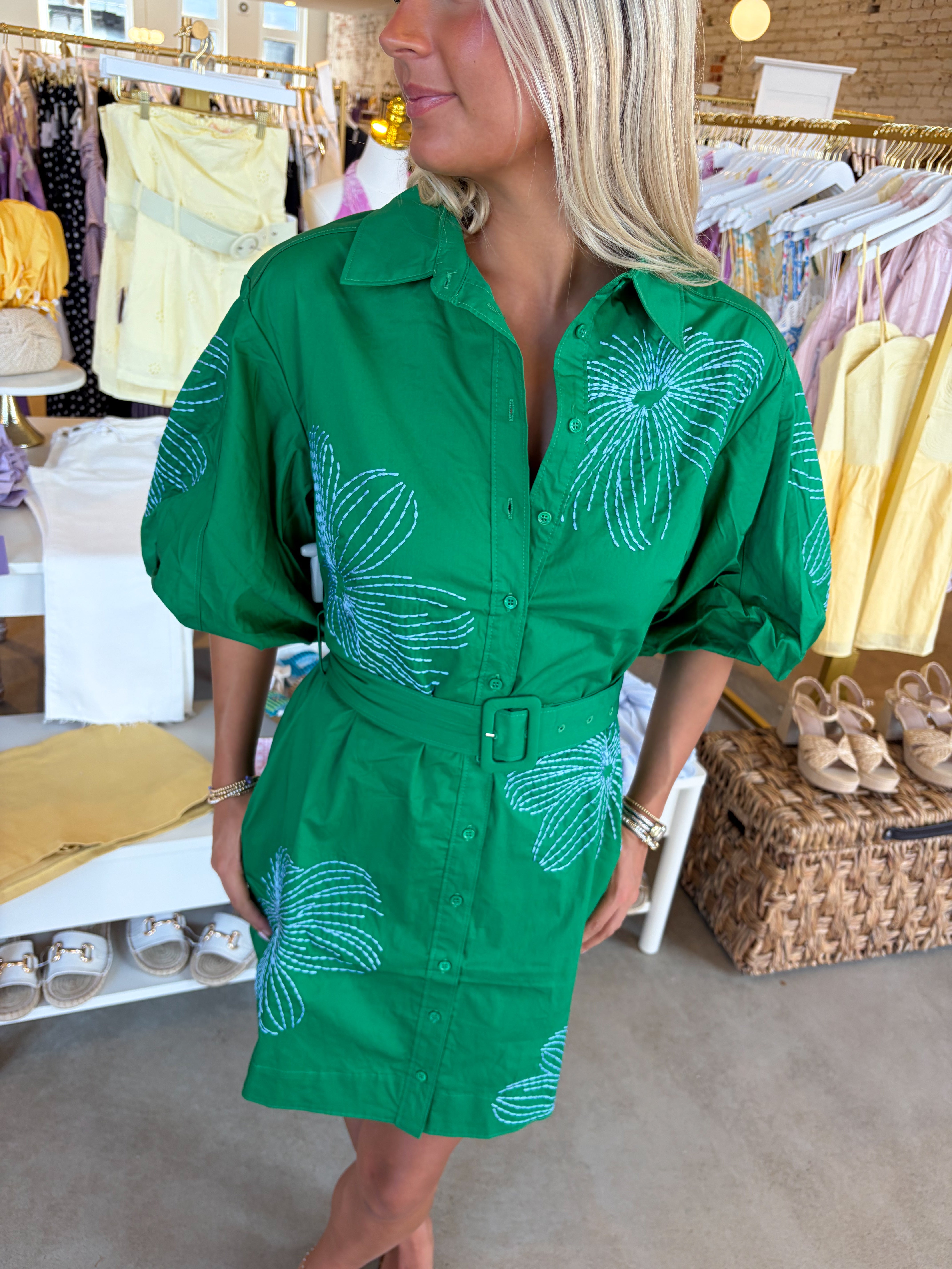 Charlotte Belted Embroidered Mini Dress - Green