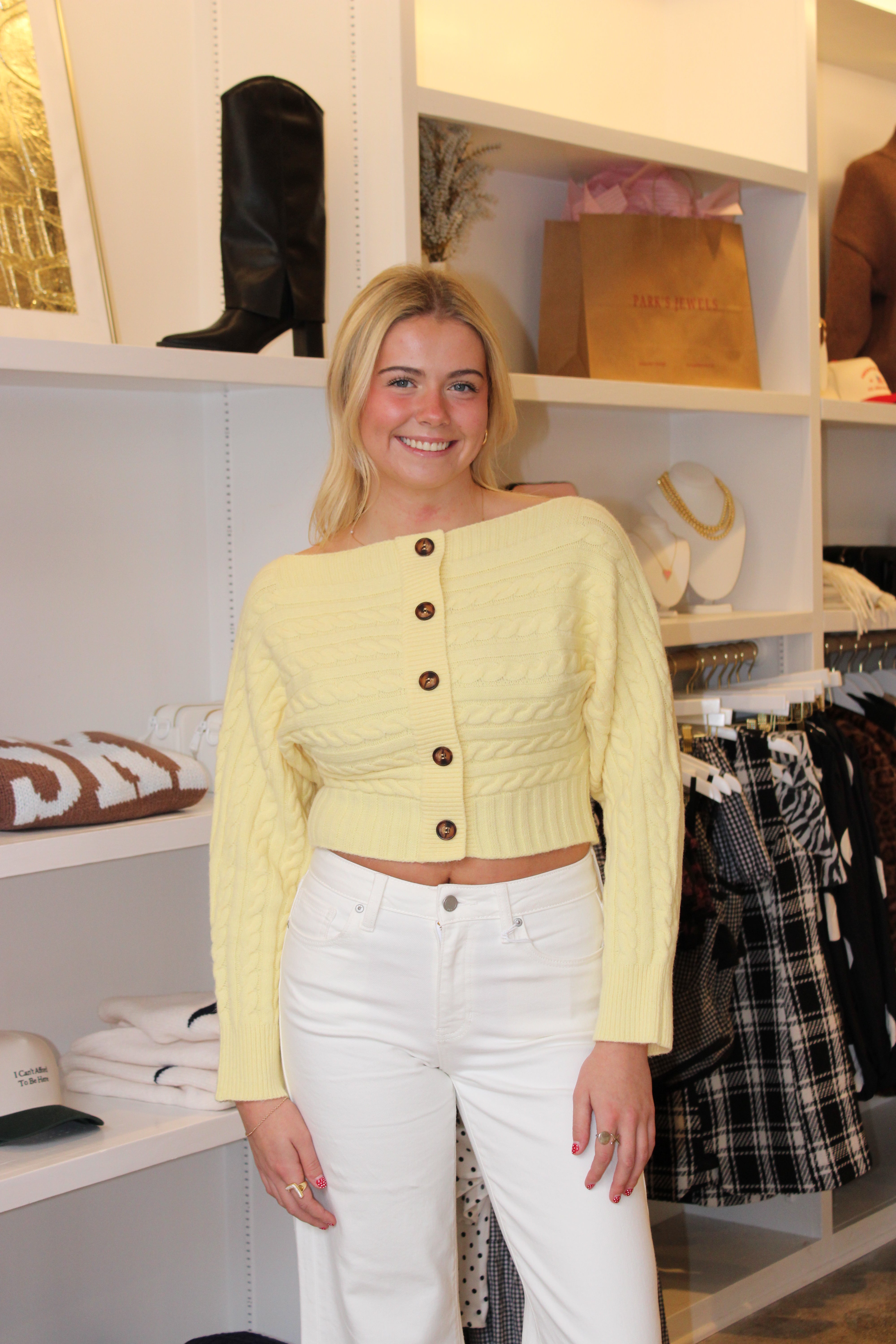 Tina Off-Shoulder Button Down Sweater - Yellow