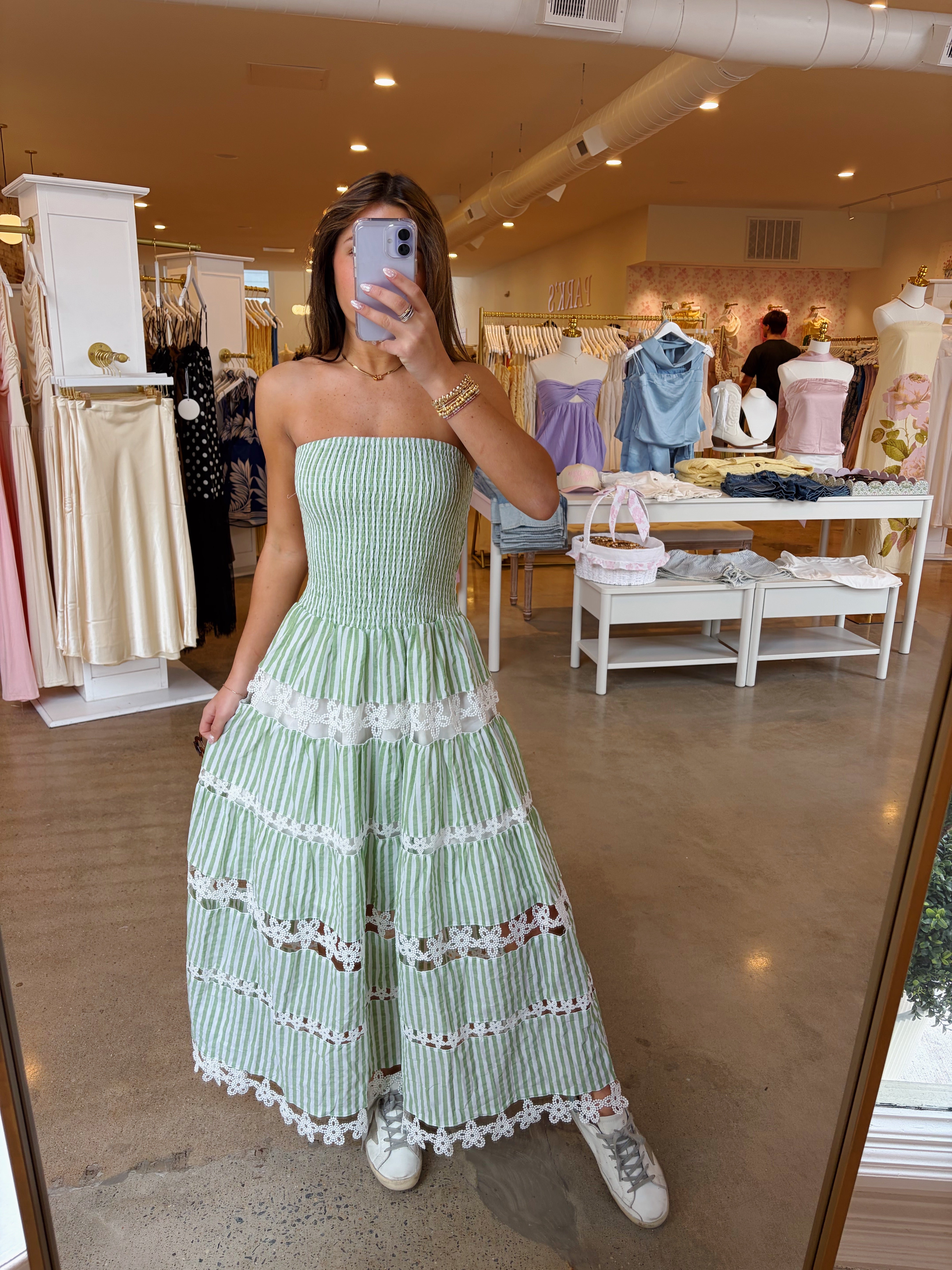 Amy Eyelet Midi Dress - Green Stripe