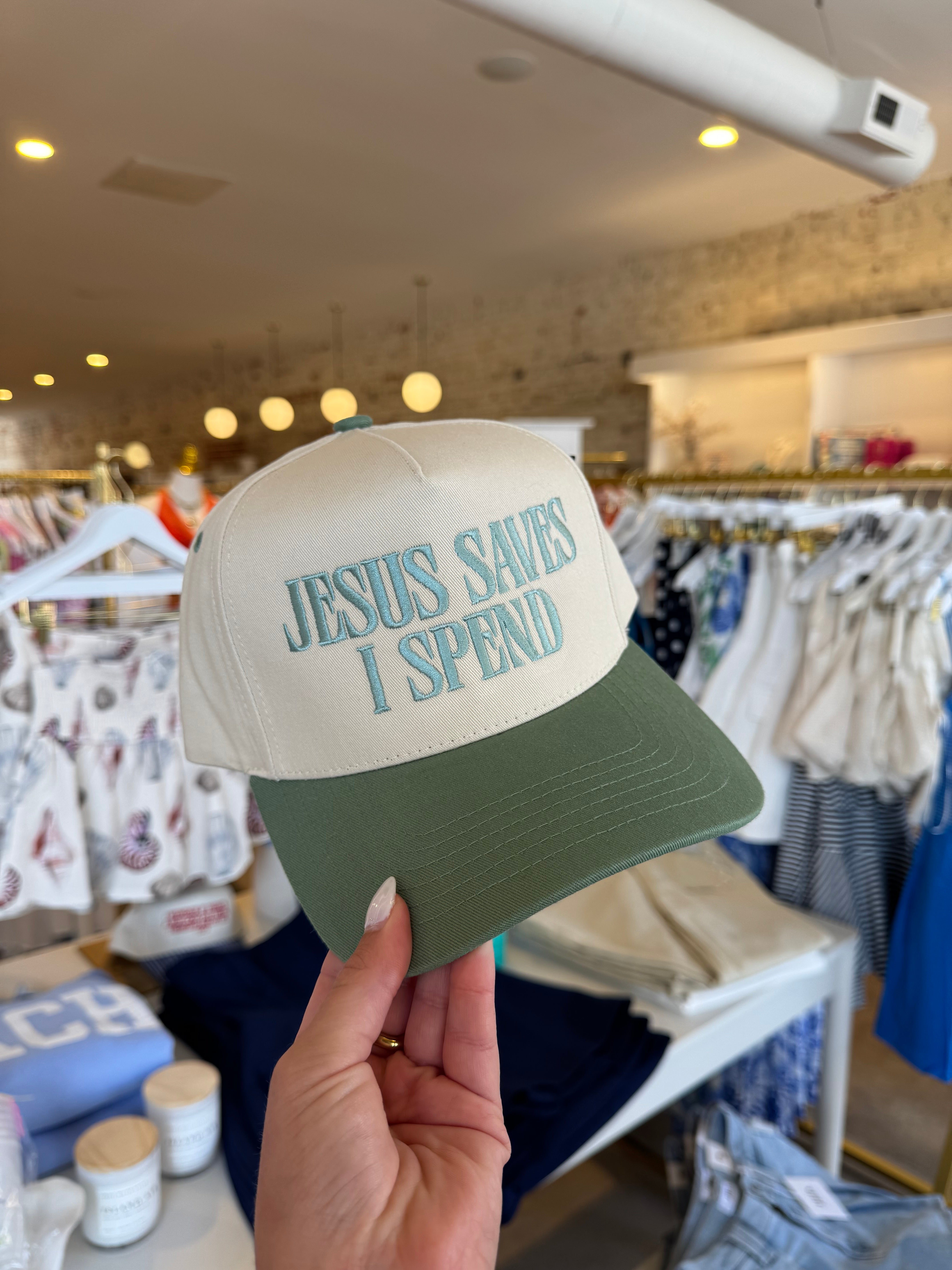 Jesus Saves I Spend Embroidered Trucker Hat - Sage