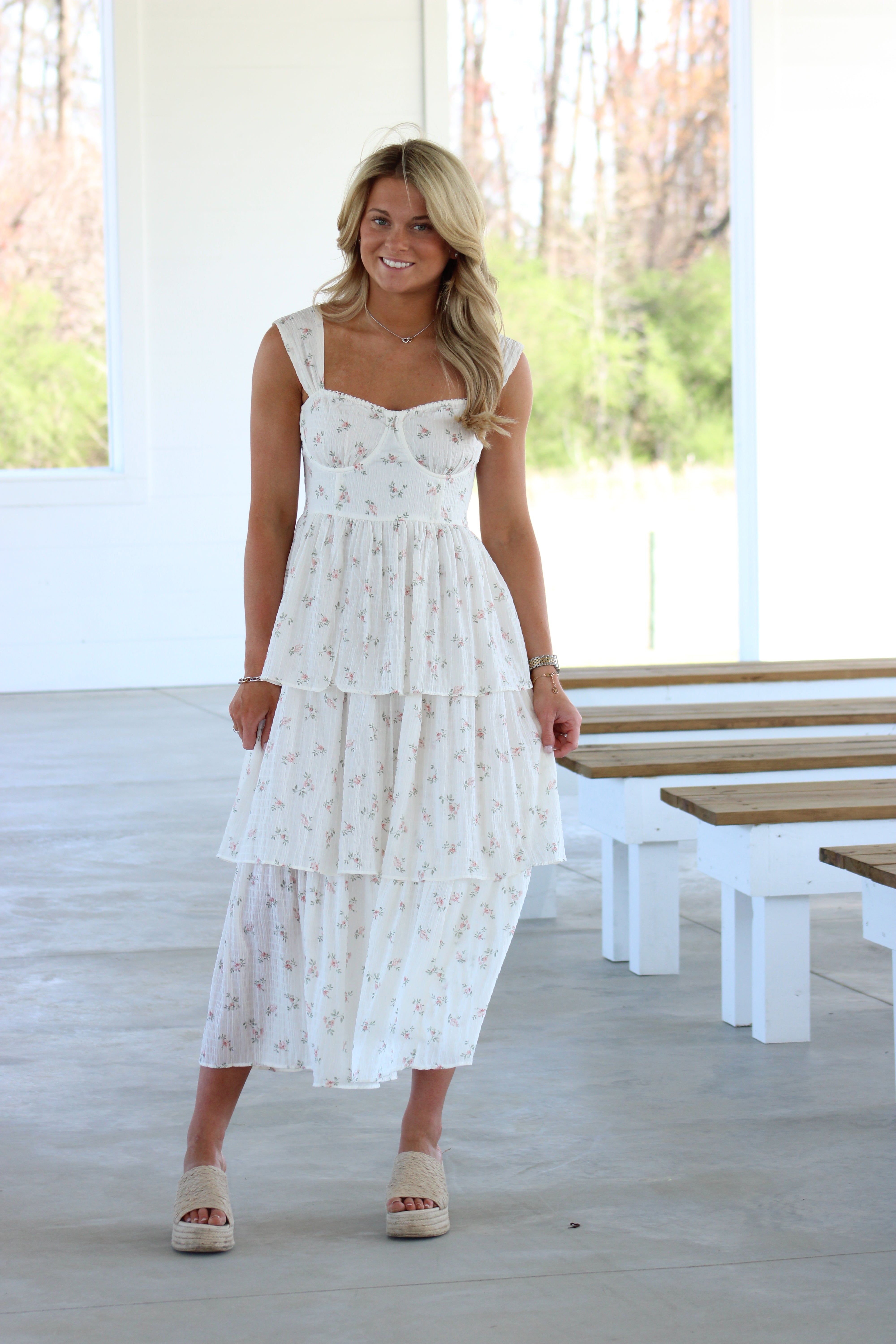 Louise Midi Dress - Off White Floral