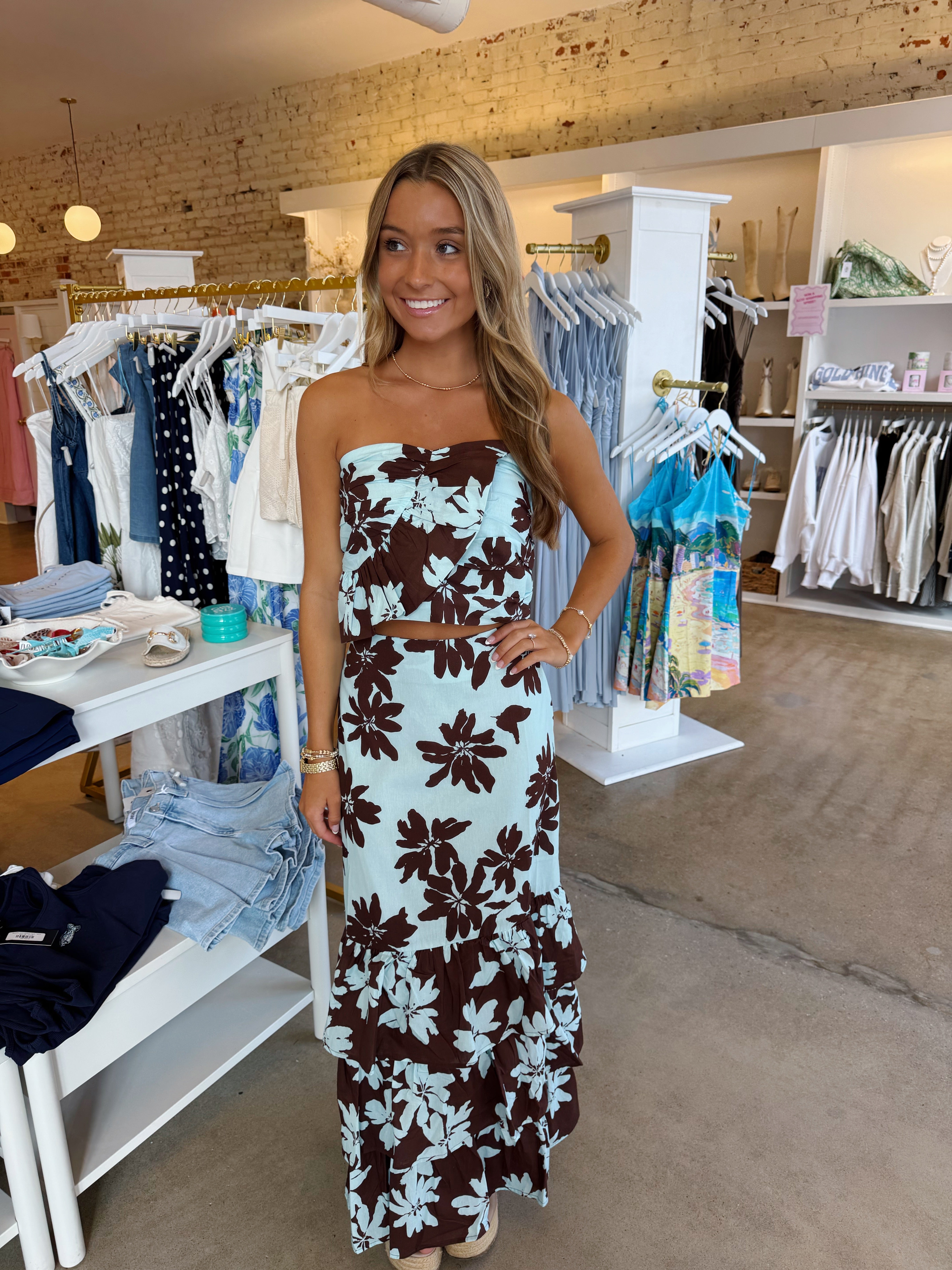 Samantha Floral Top & Midi Skirt Set - Brown & Blue