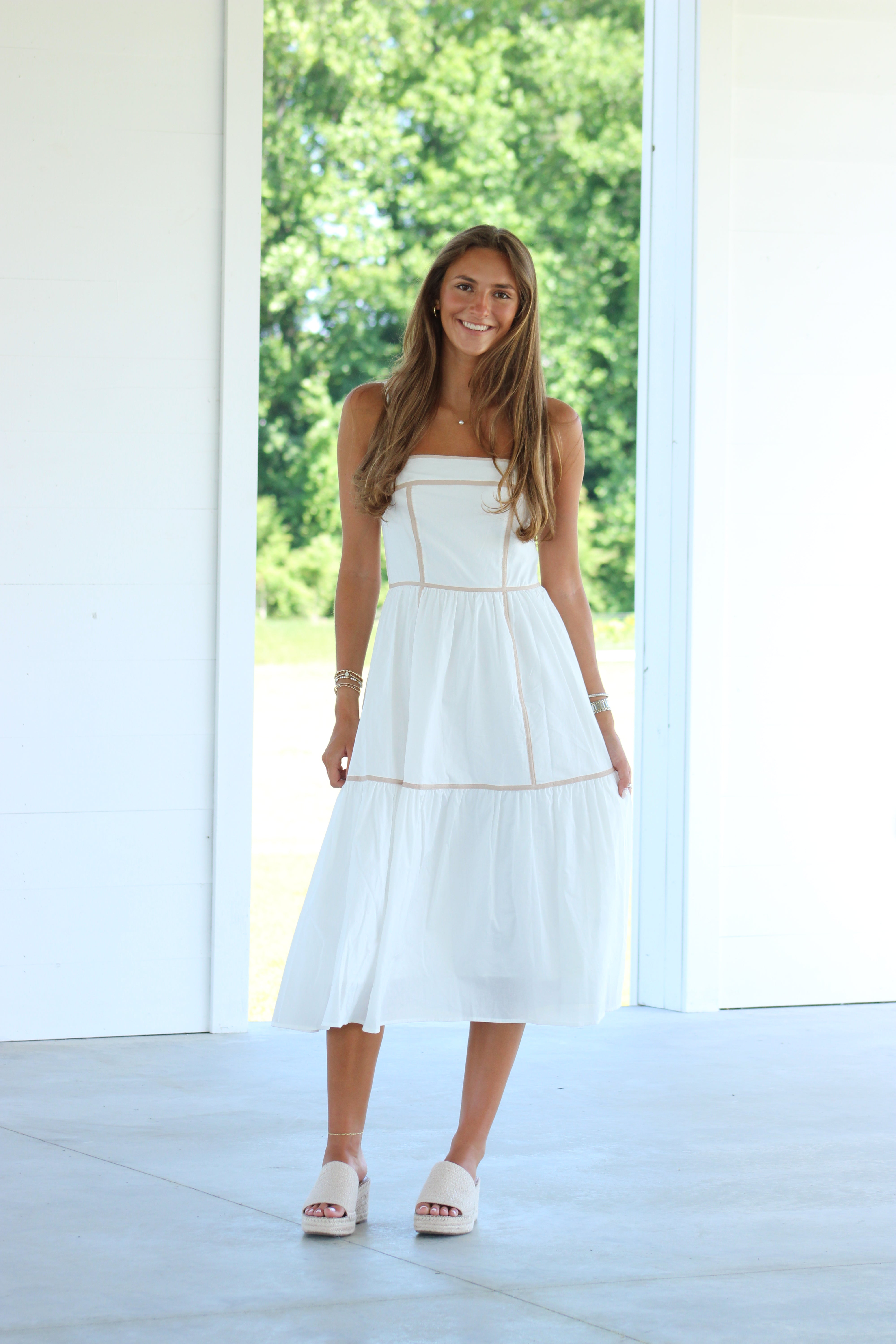 Allison Midi Dress - White & Taupe