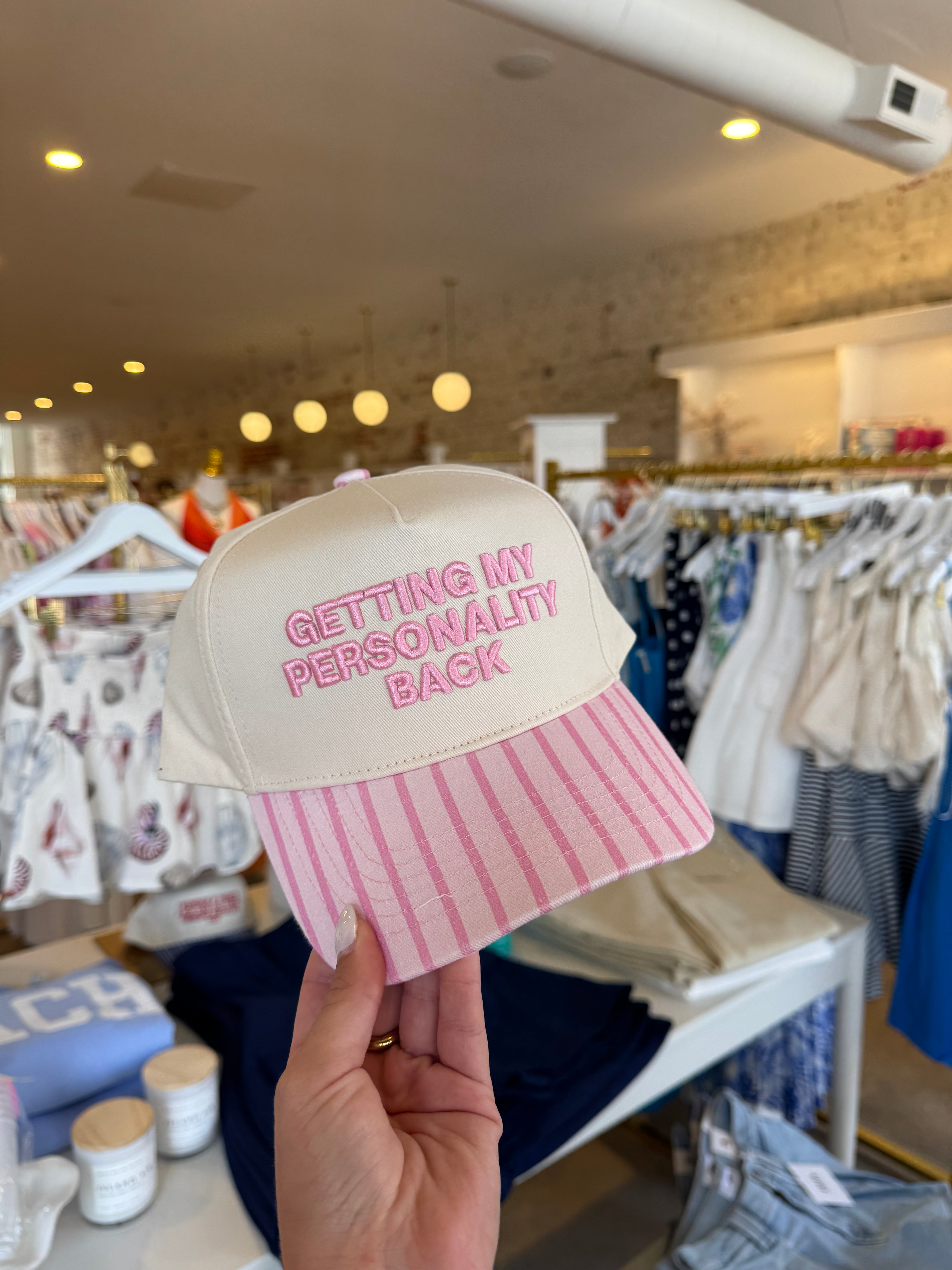 Getting My Personality Back Embroidered Trucker Hat - Pink Stripe