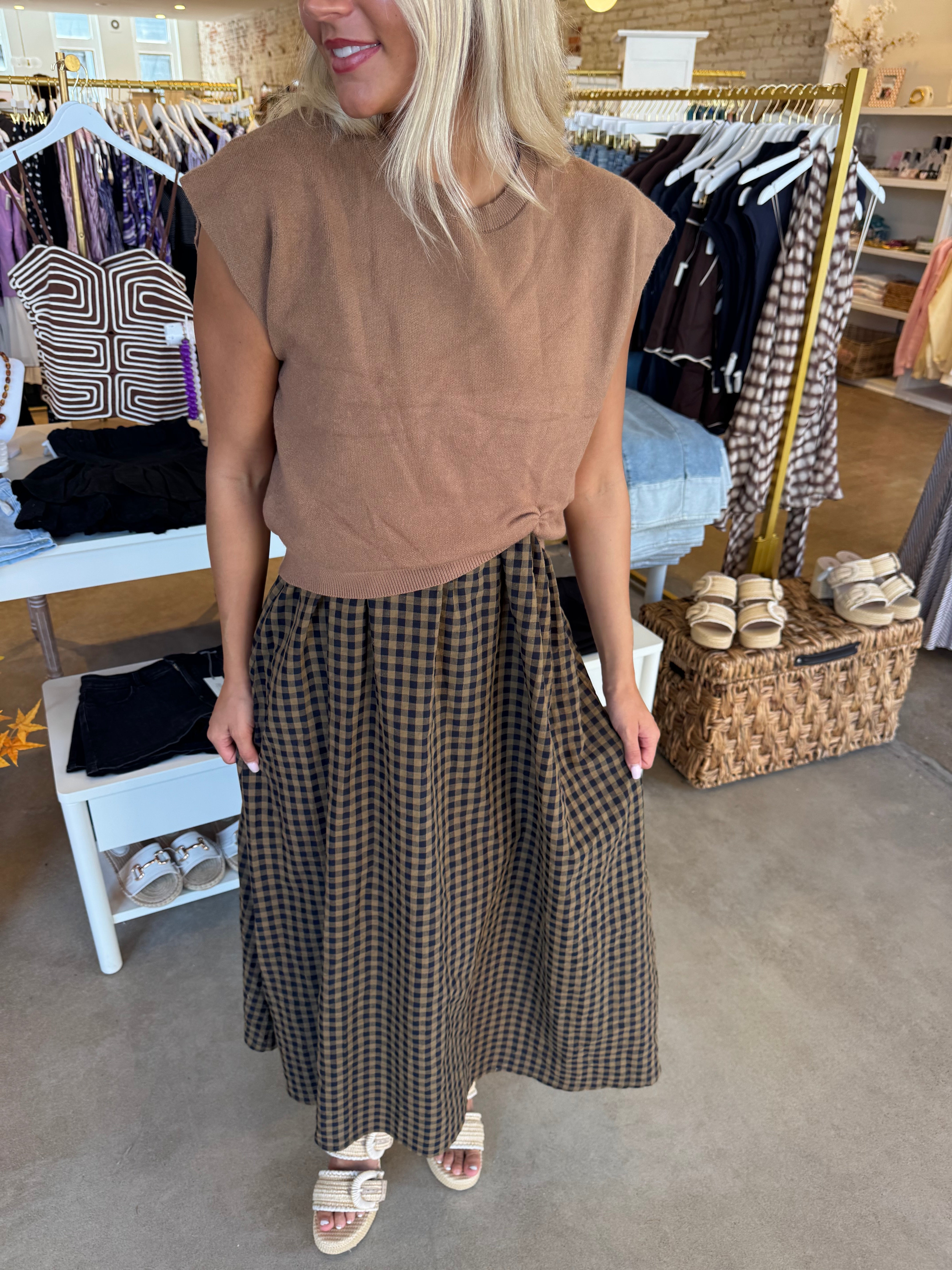 Leaves Are Turning Midi Dress - Tan Gingham
