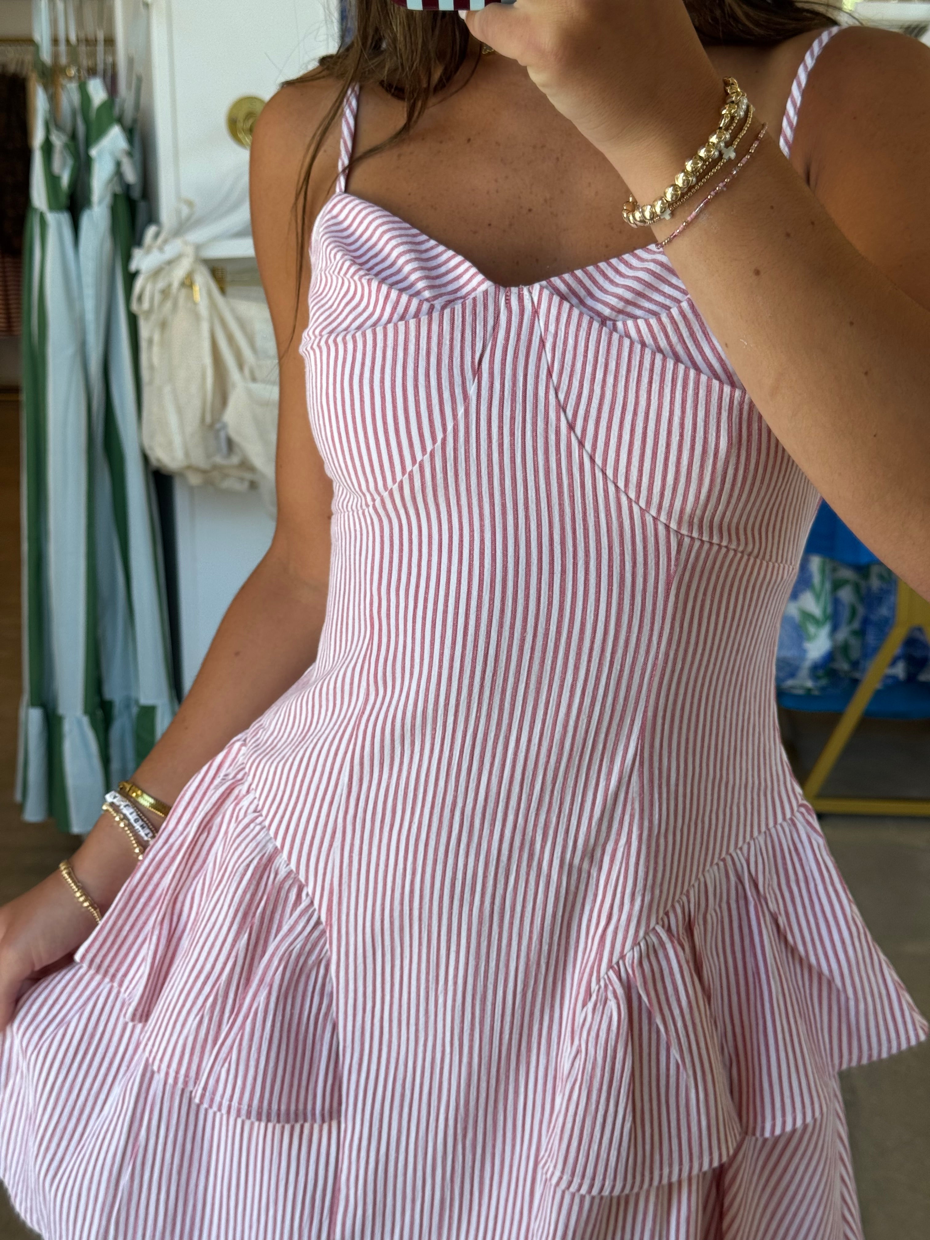 Long Weekend Ruffle Mini Dress - Red Stripe