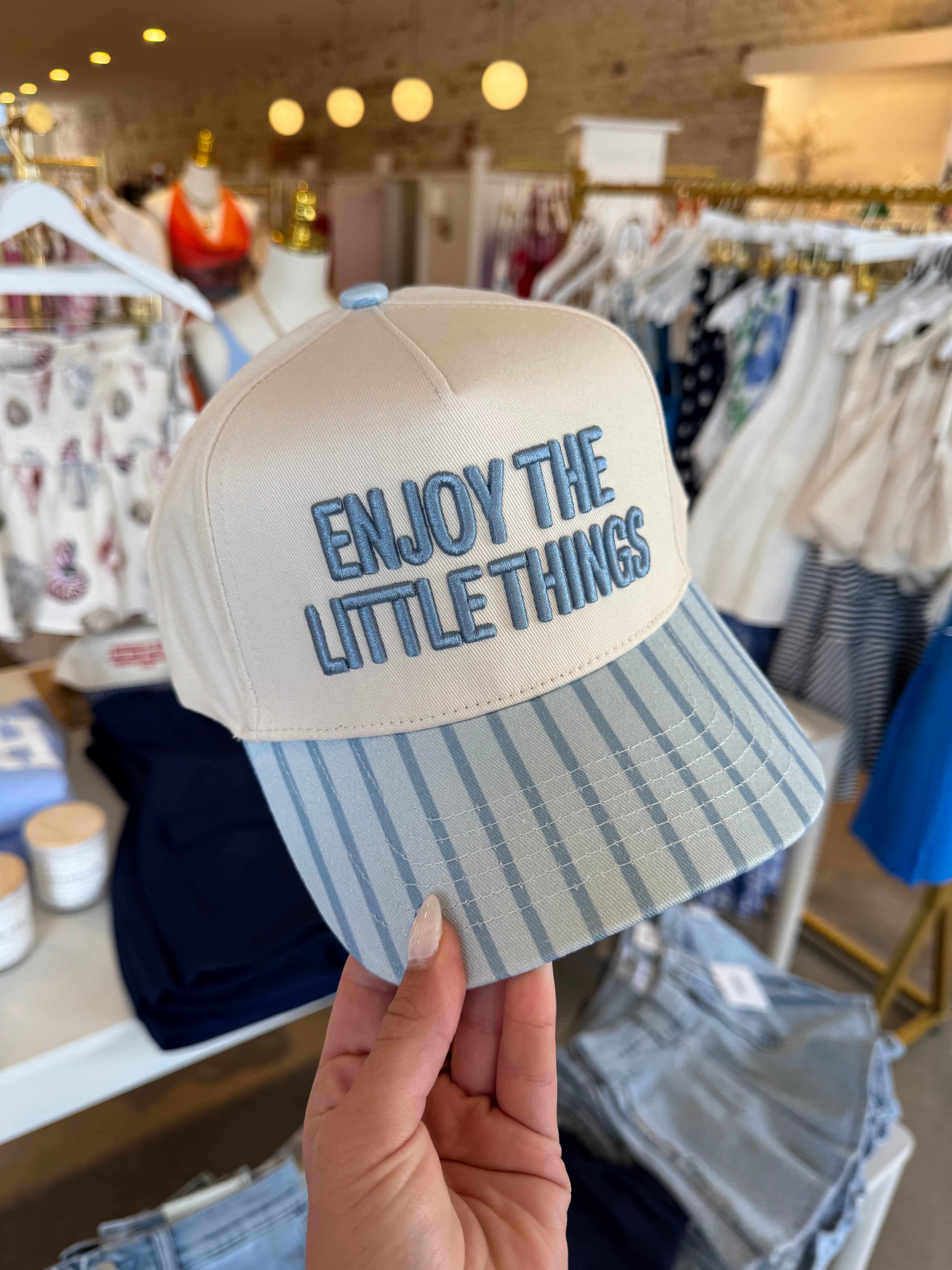 Enjoy The Little Things Embroidered Trucker Hat - Blue Stripe
