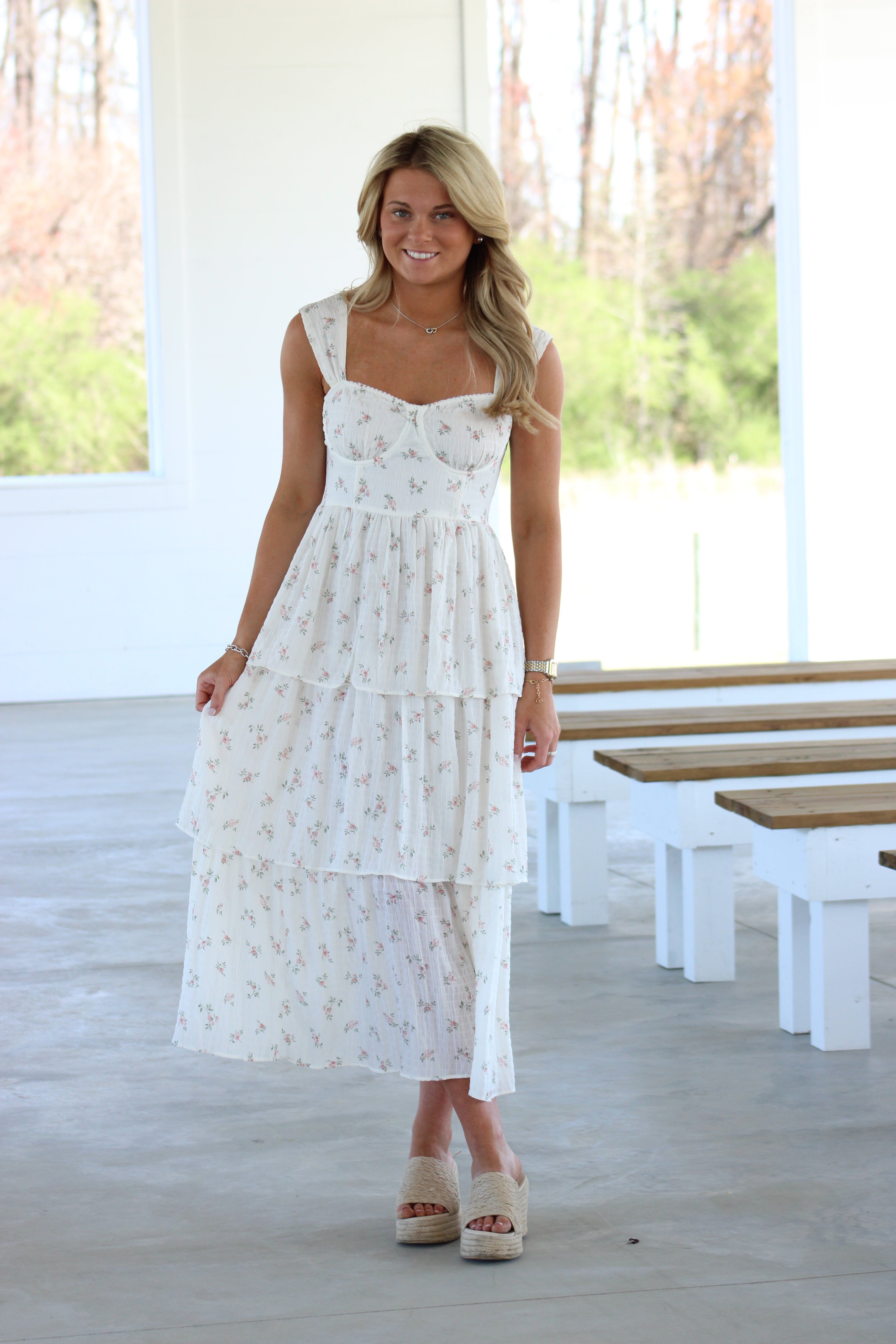 Louise Midi Dress - Off White Floral