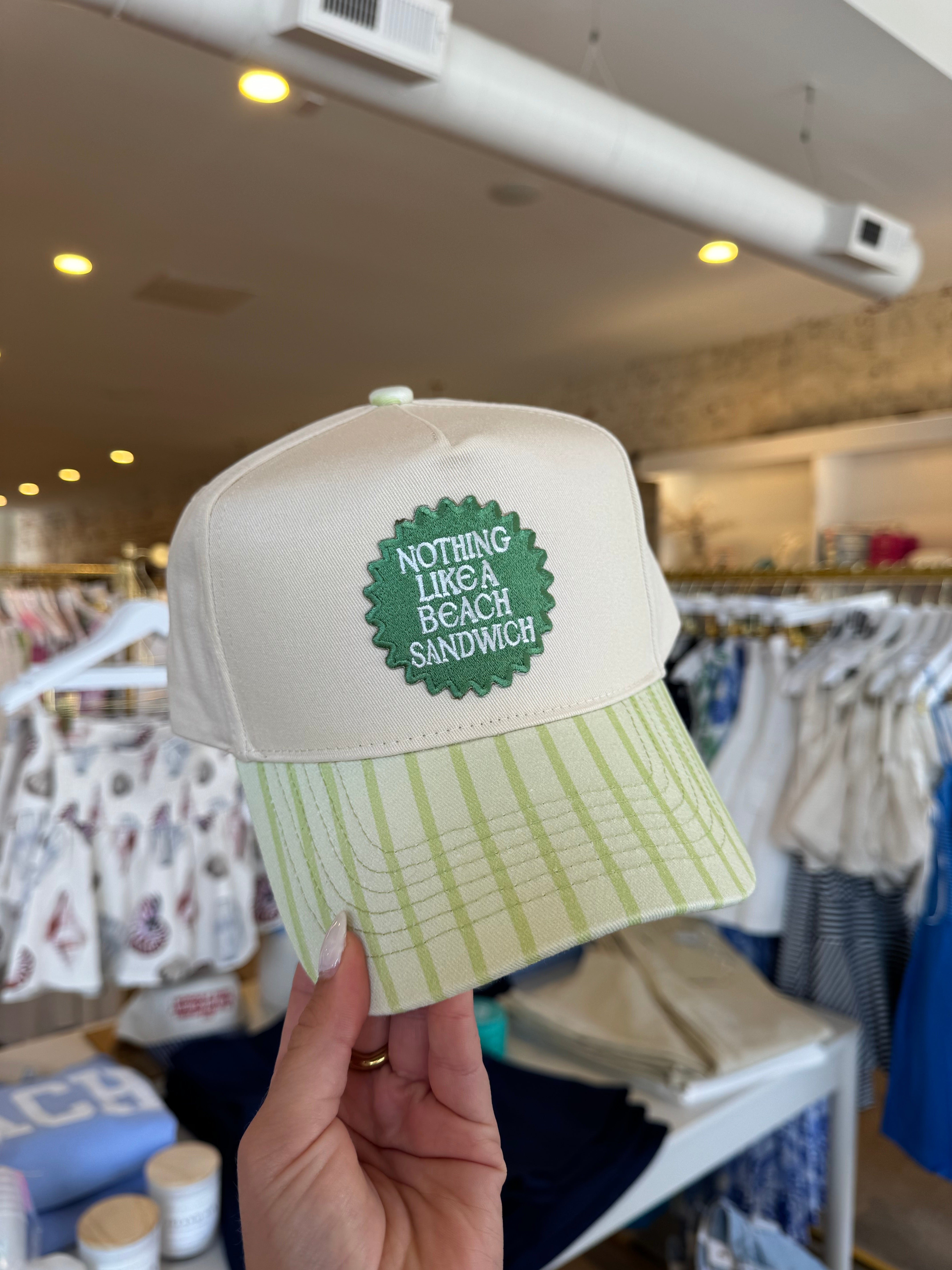 Nothing Like A Beach Sandwich Embroidered Trucker Hat - Green Stripe