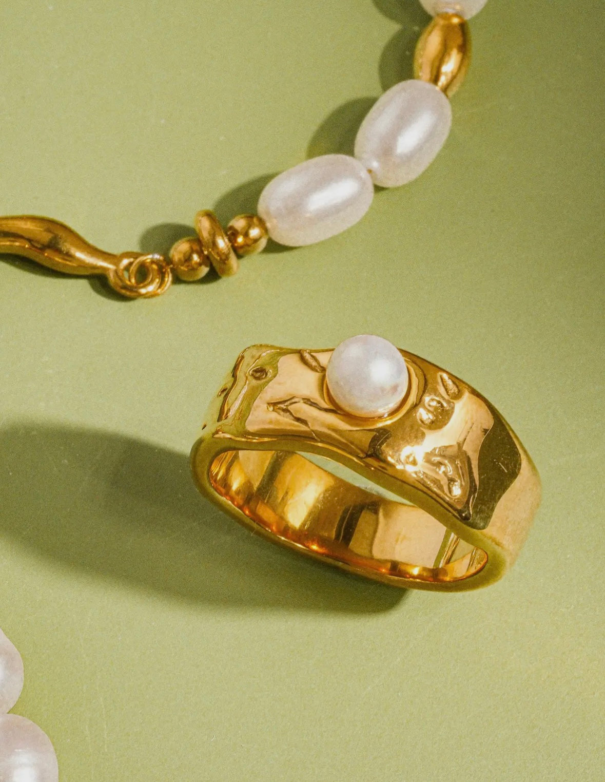 Pave 18K Gold Non-Tarnish Pearl Band Ring