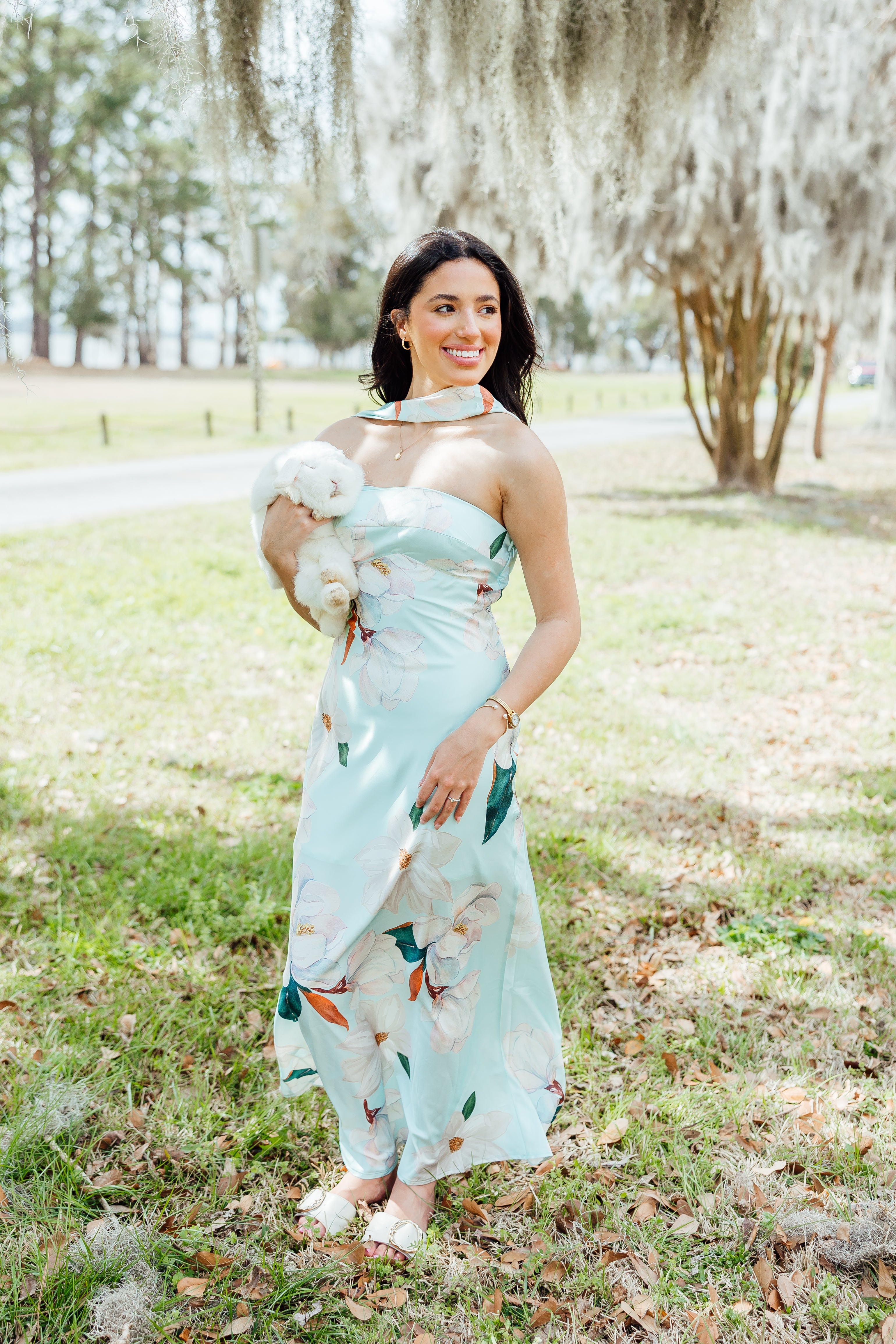 Garden Of Eden Satin Long Dress - Blue Floral