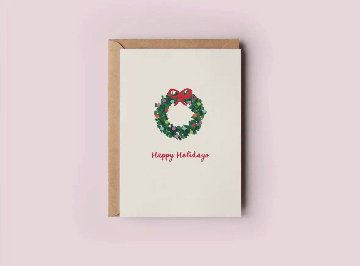 Happy Holidays Colorful Wreath with Bow Greeting Card