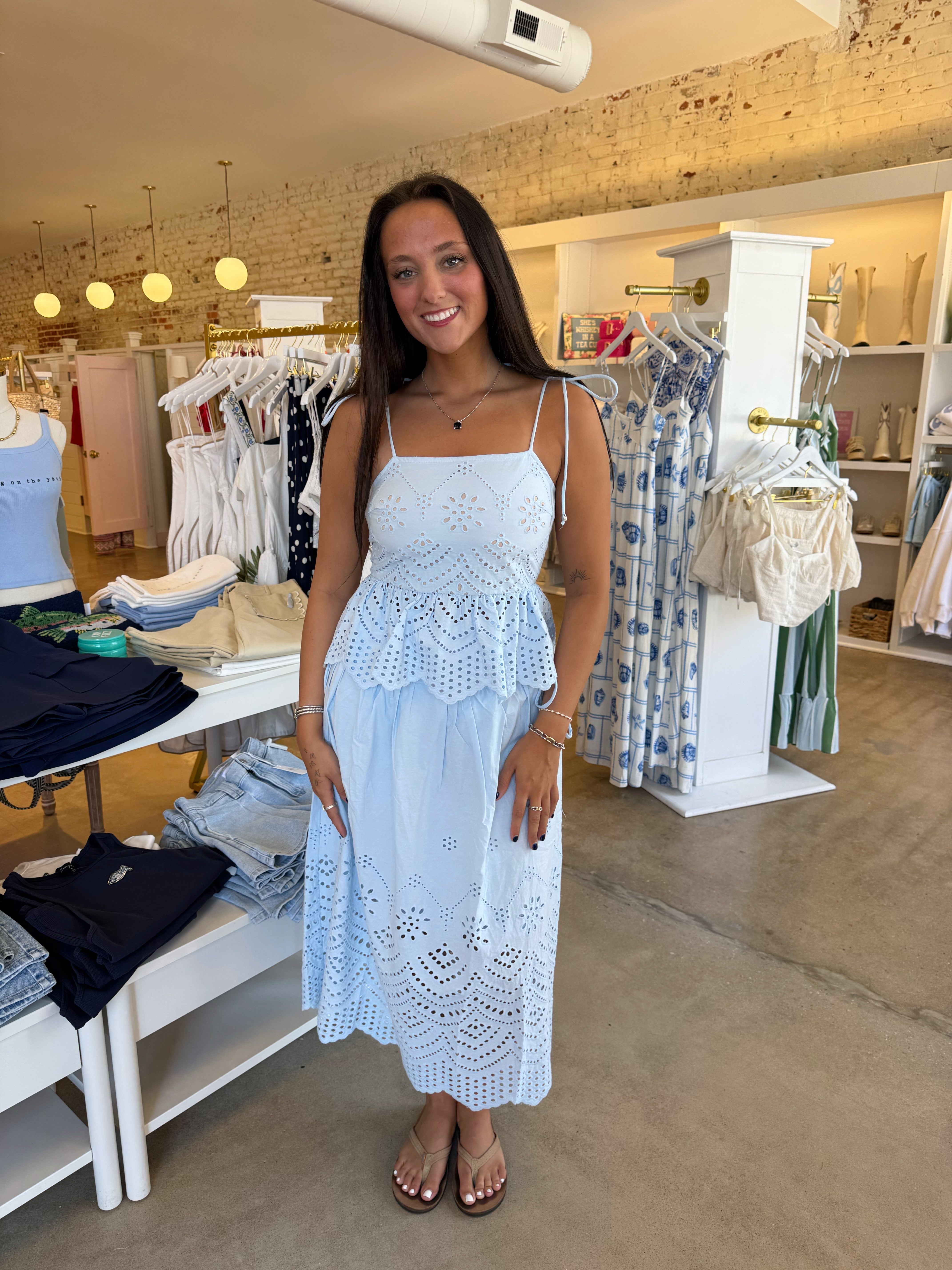 Zoey Eyelet Midi Skirt & Top Set - Blue