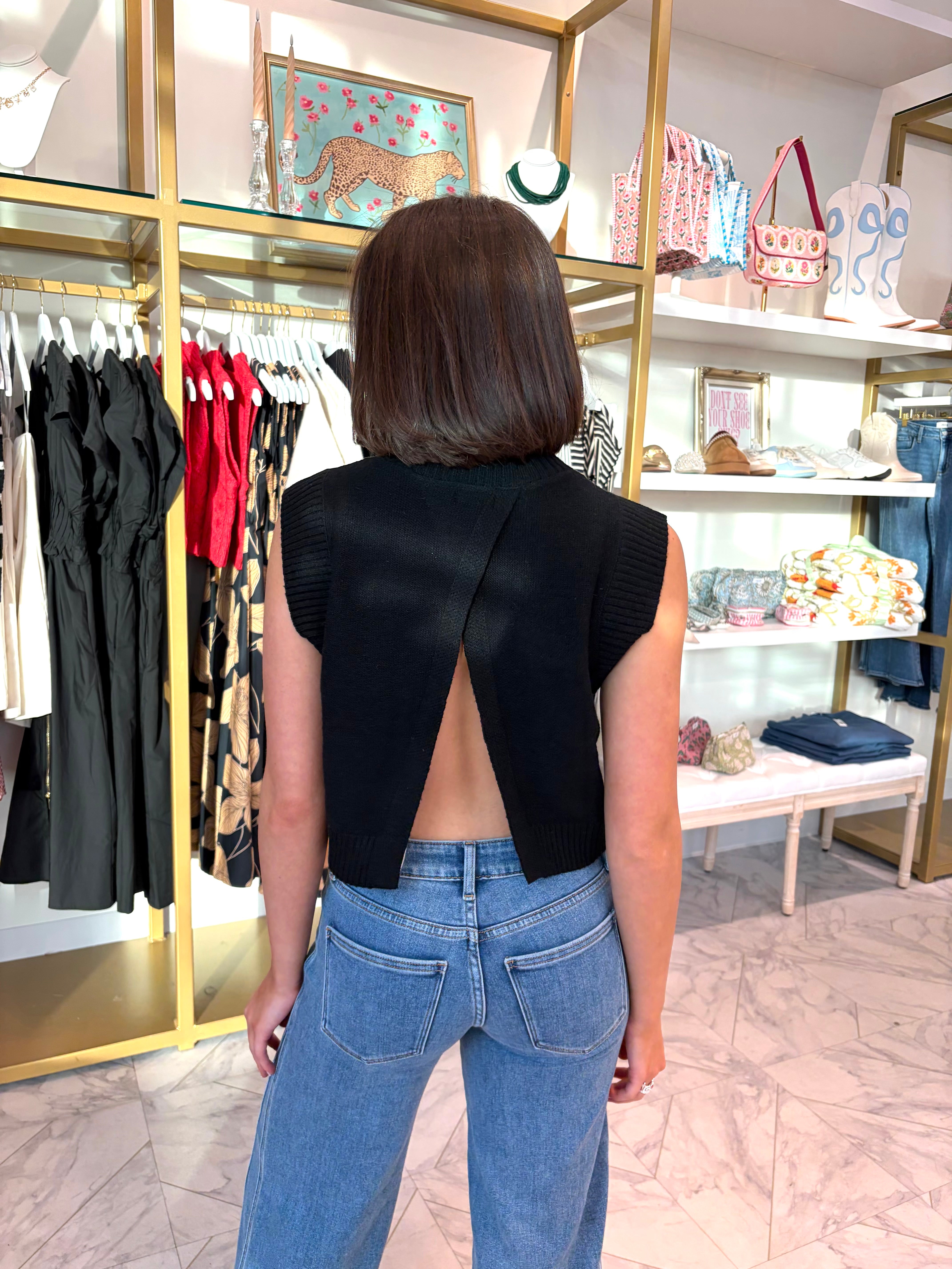 Daniella Knit Top with Open Back - Black