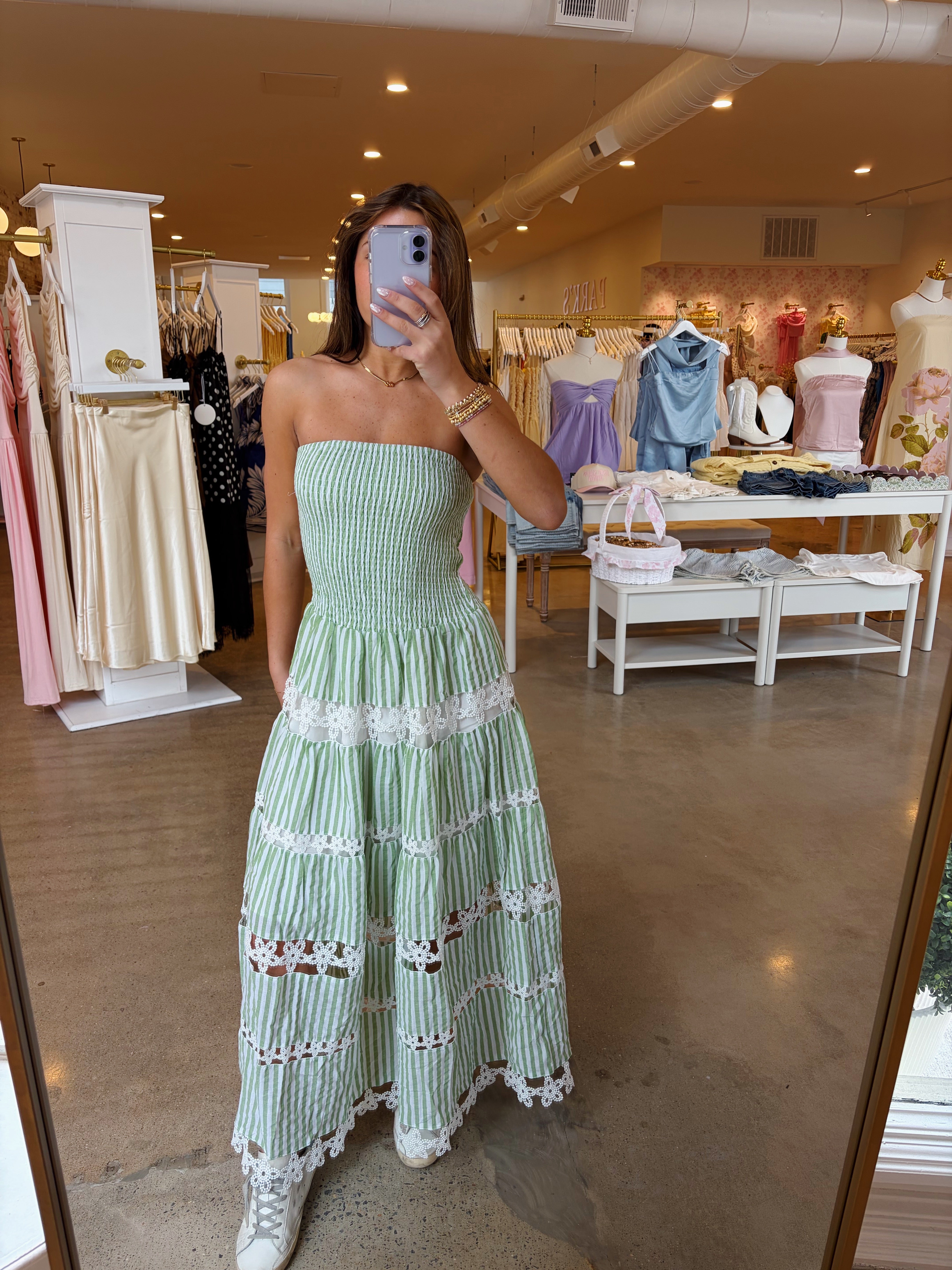 Amy Eyelet Midi Dress - Green Stripe