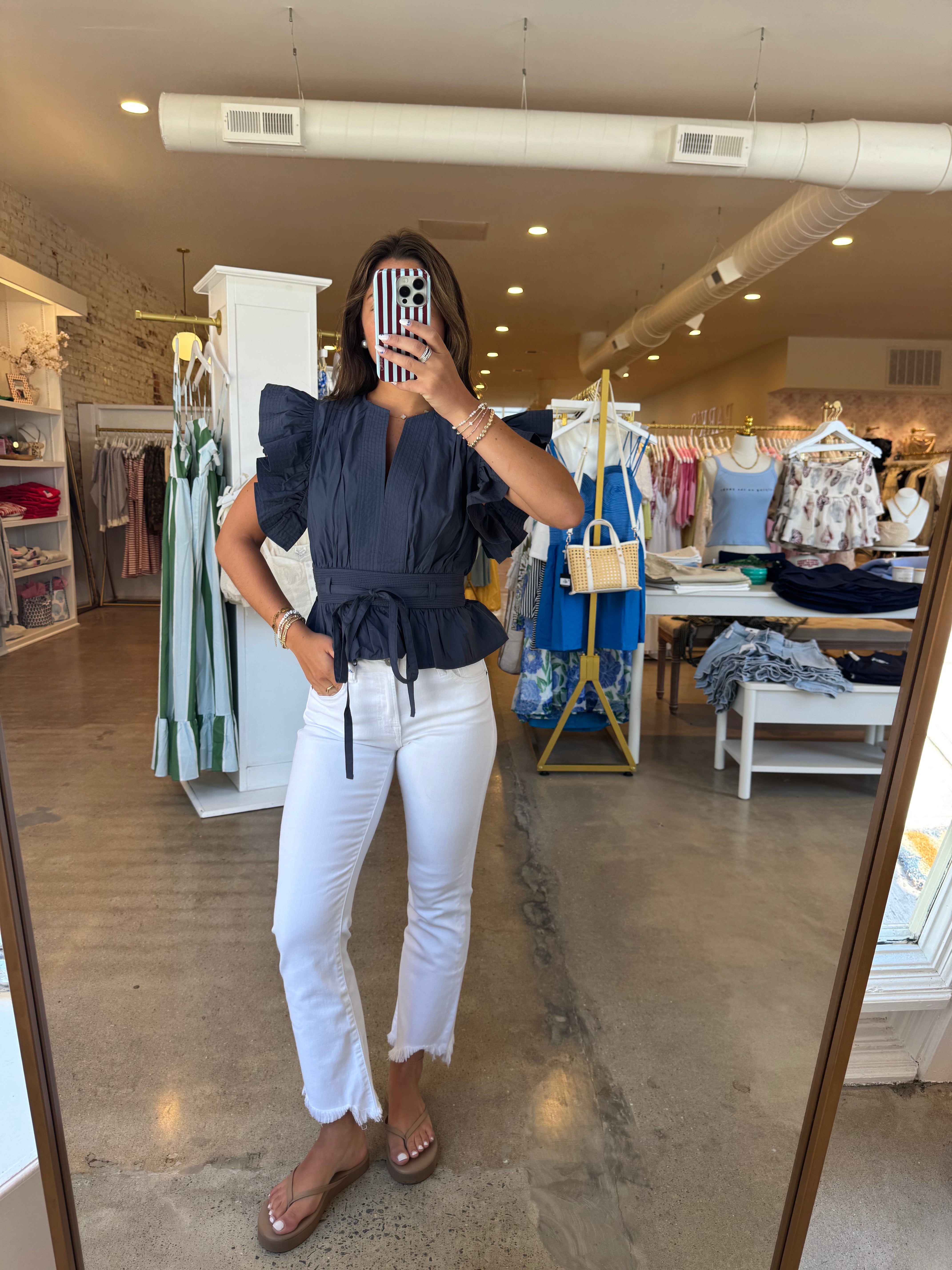 Tate Ruffle Poplin Top - Navy