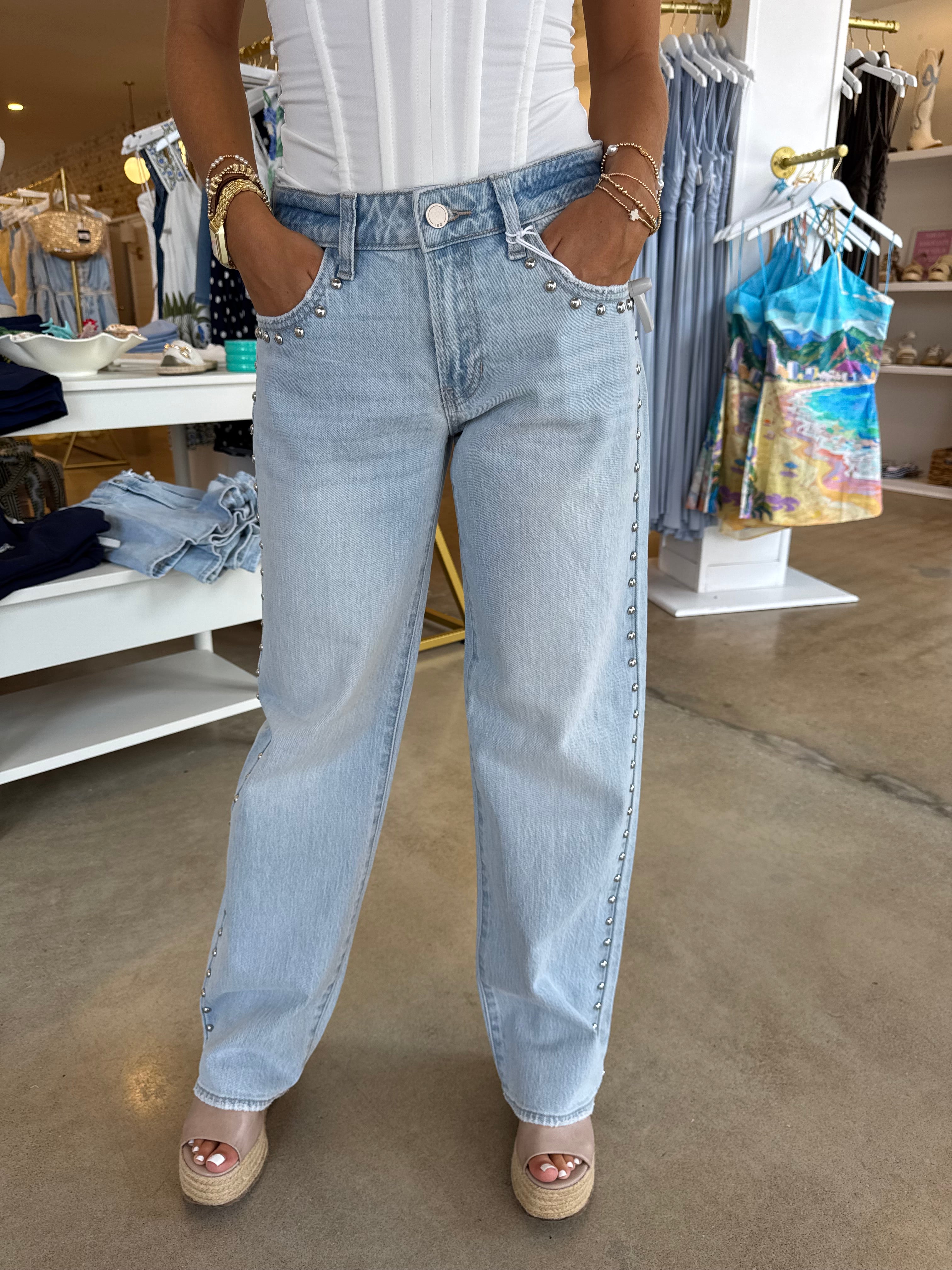 Kenley Low Rise Studded Denim - Light Wash