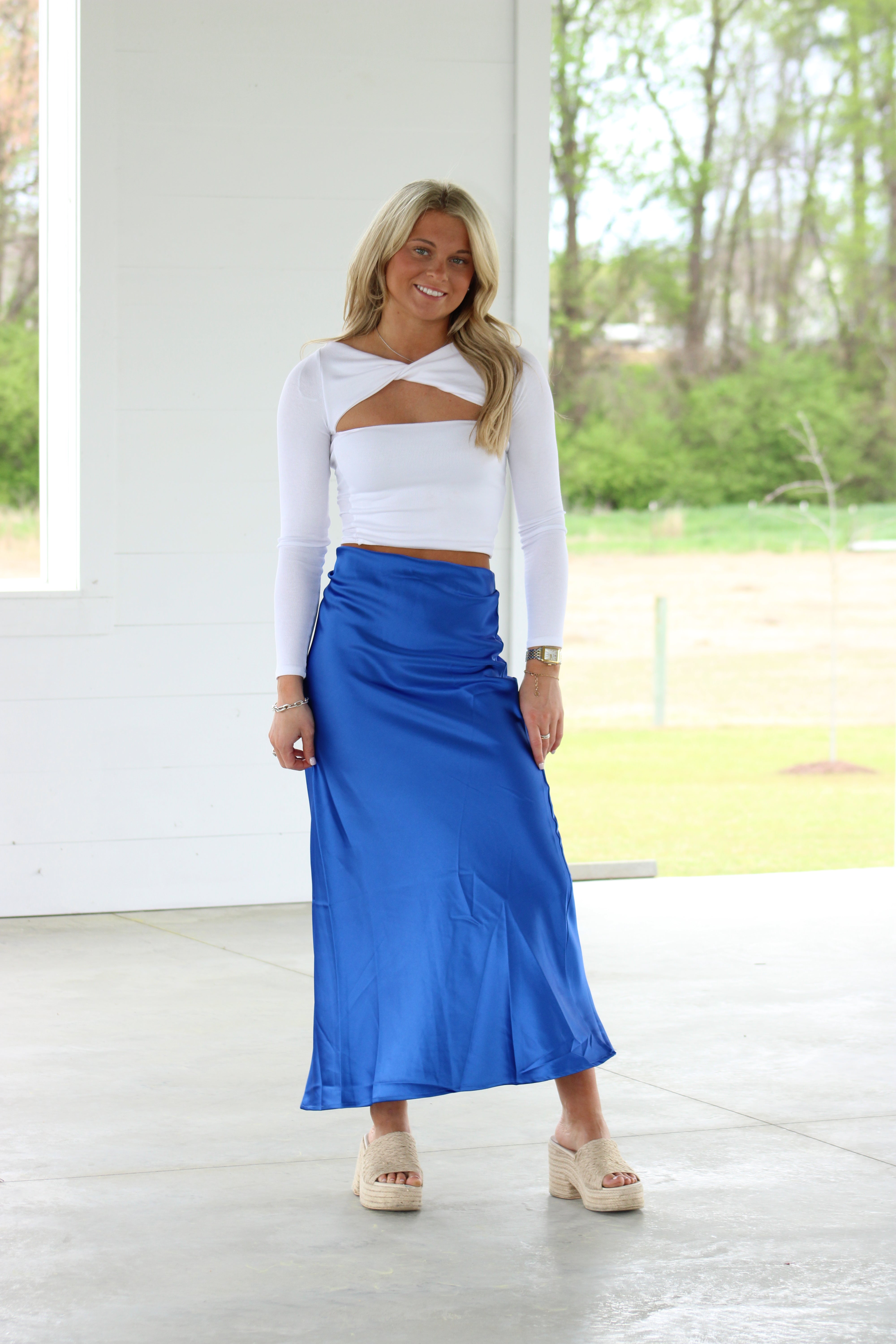 Maddie Midi Satin Skirt - Royal Blue