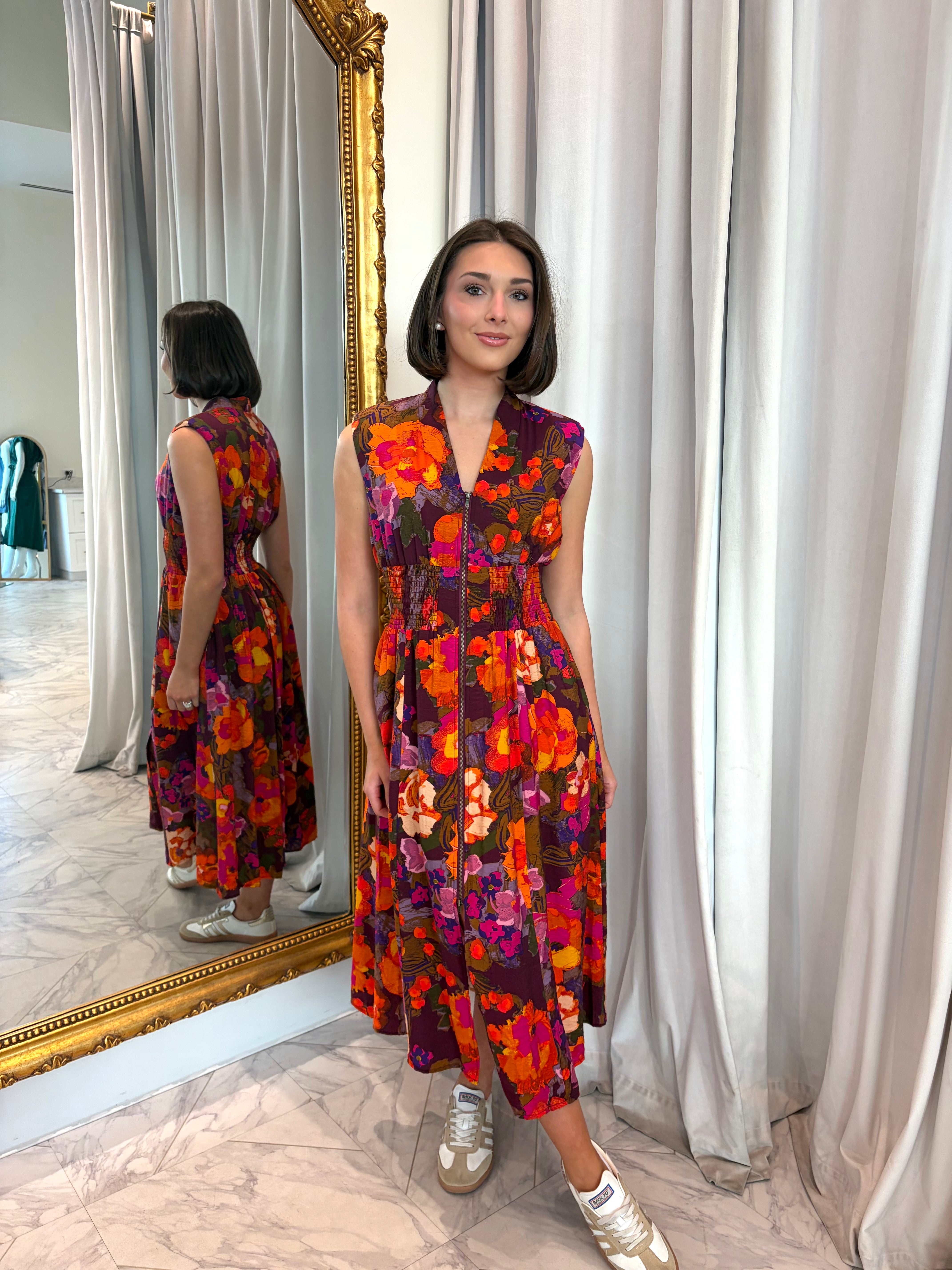 Layton Front Zip Midi Dress - Pink/Orange