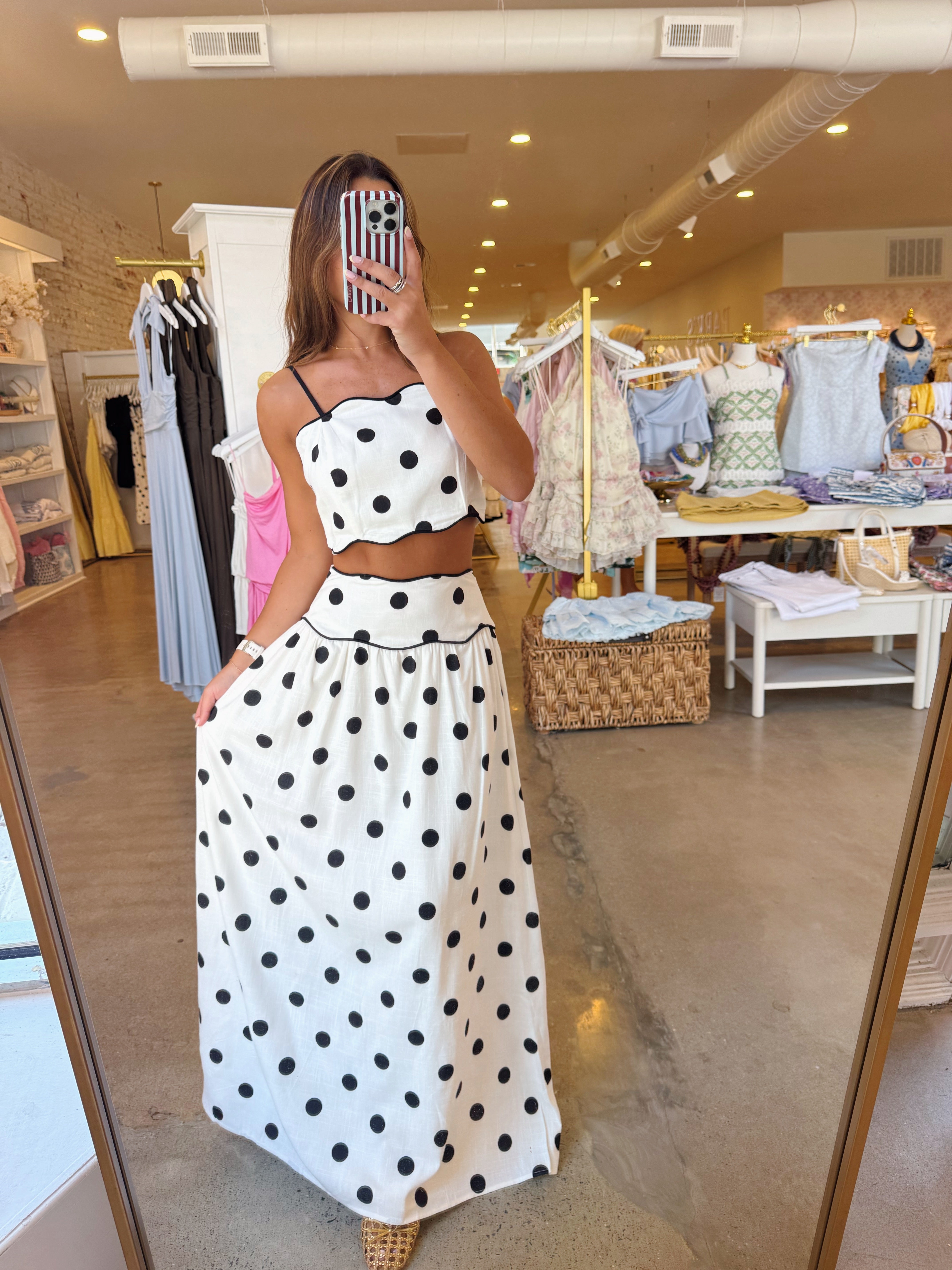 I’m Your Girl Top & Maxi Skirt Linen Set - Cream & Black Polka Dot