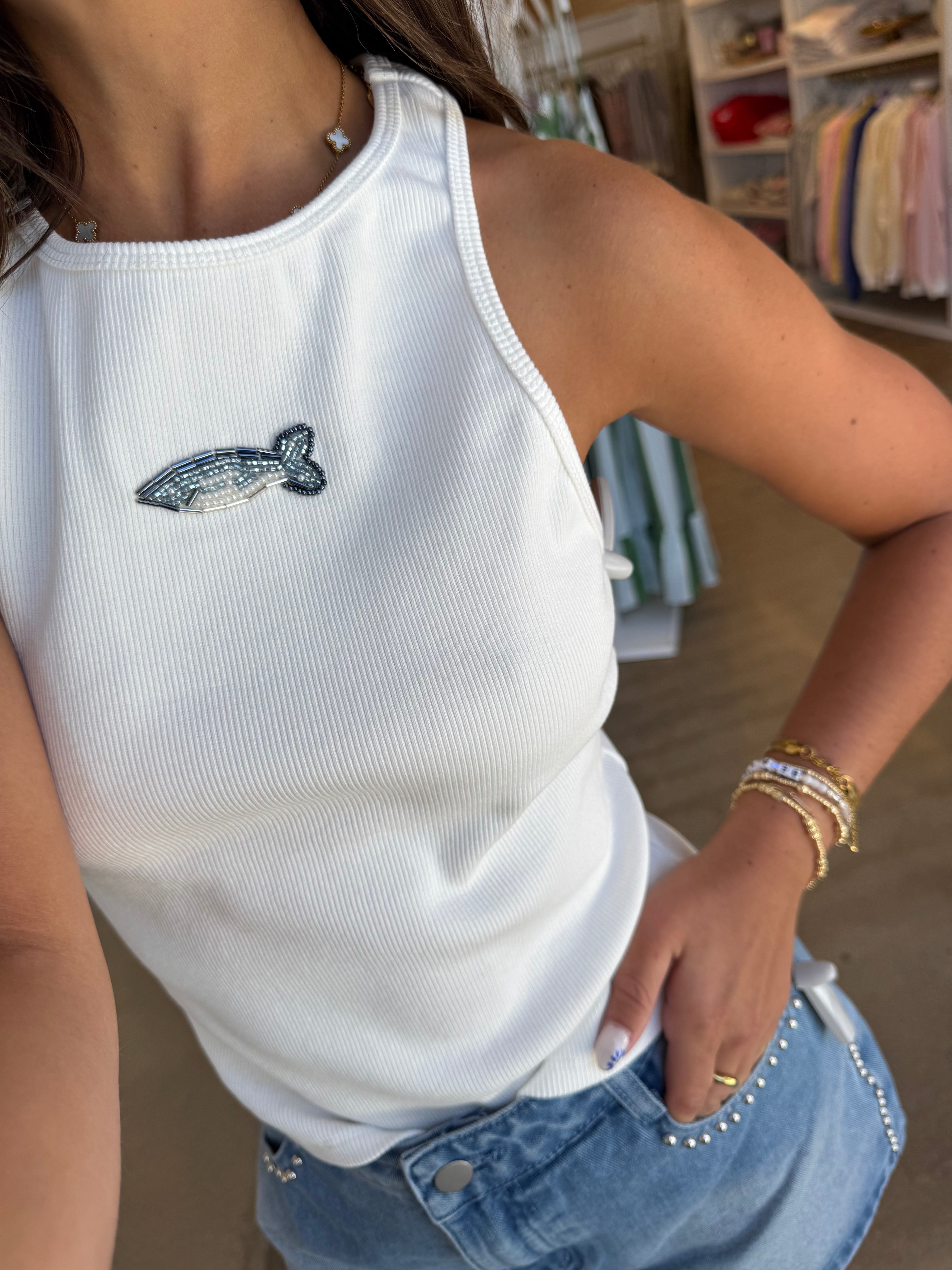 Beaded Fish Ribbed Tank - White