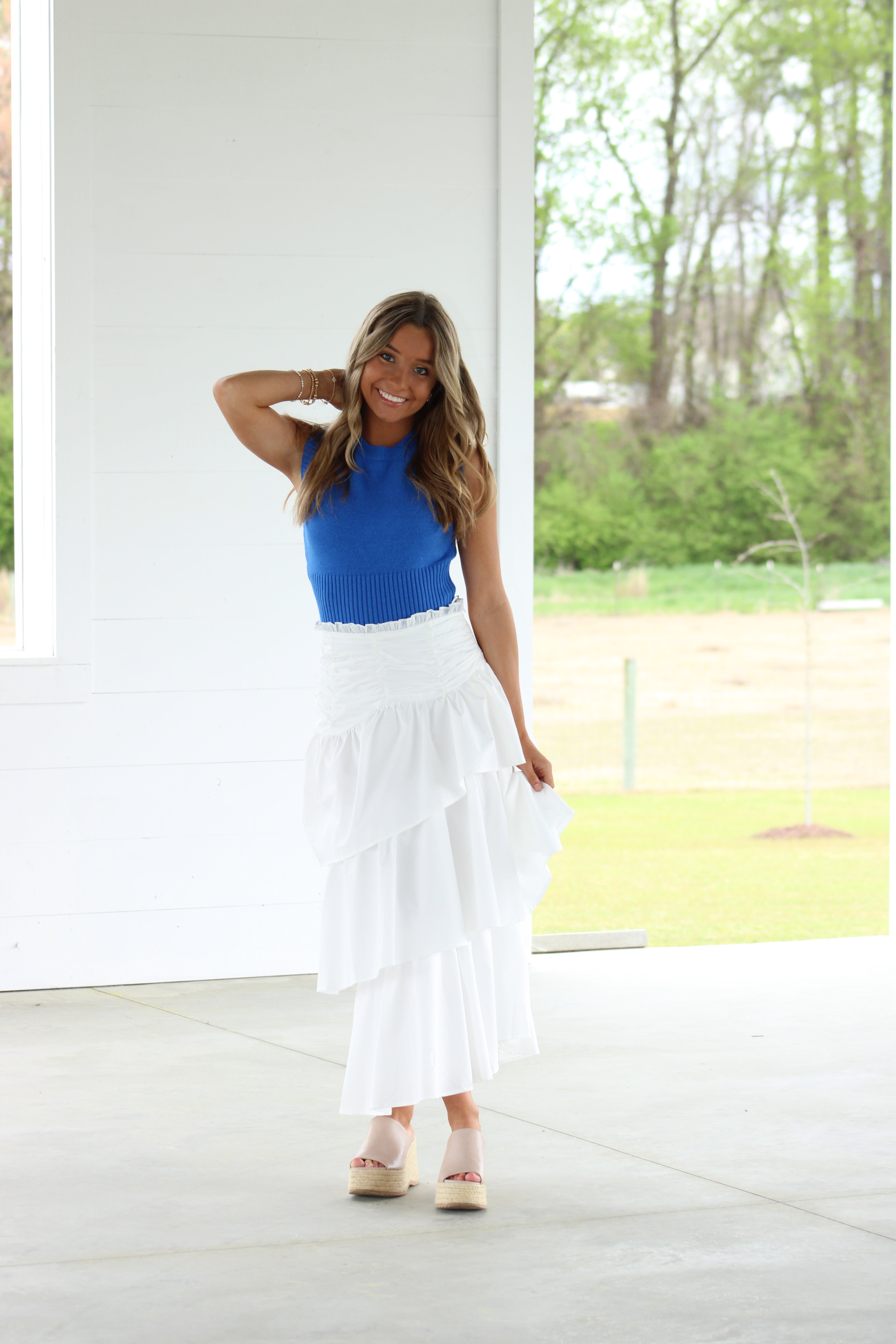 Nicola Ruffle Tiered Midi Skirt - White