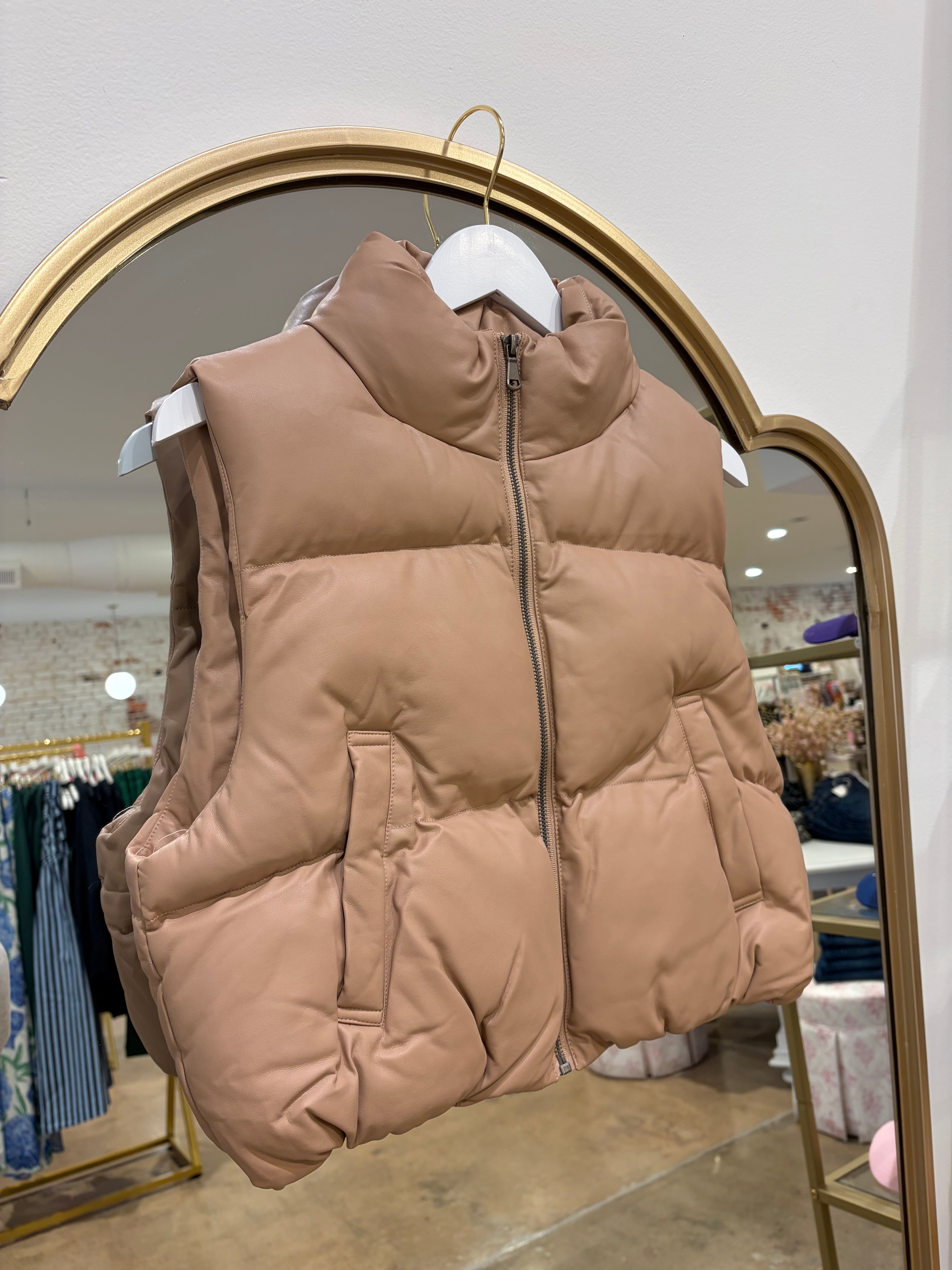 Warm Heart Leather Puffer Vest - Dark Taupe