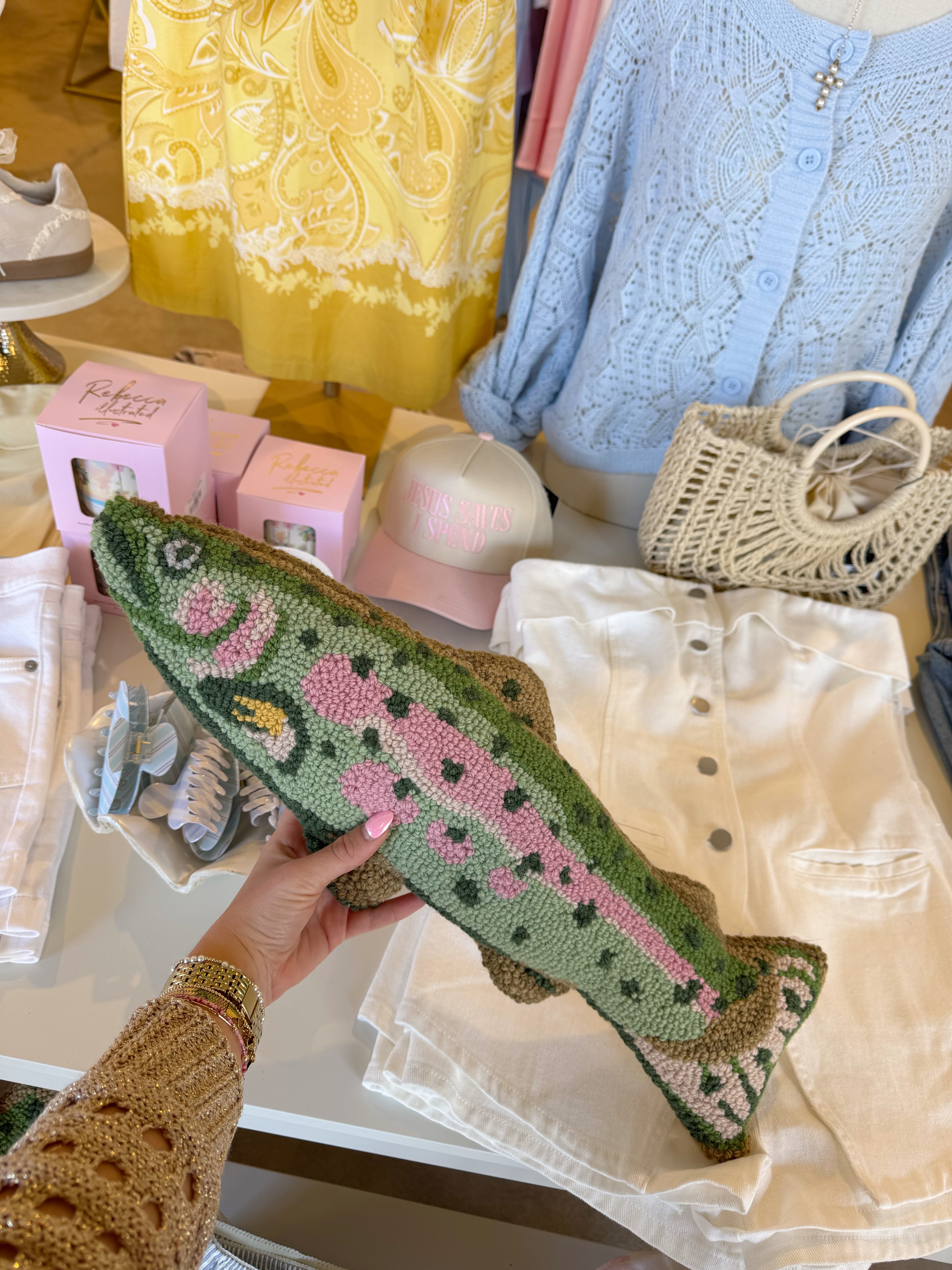 Shaped Trout Needle Point Pillow