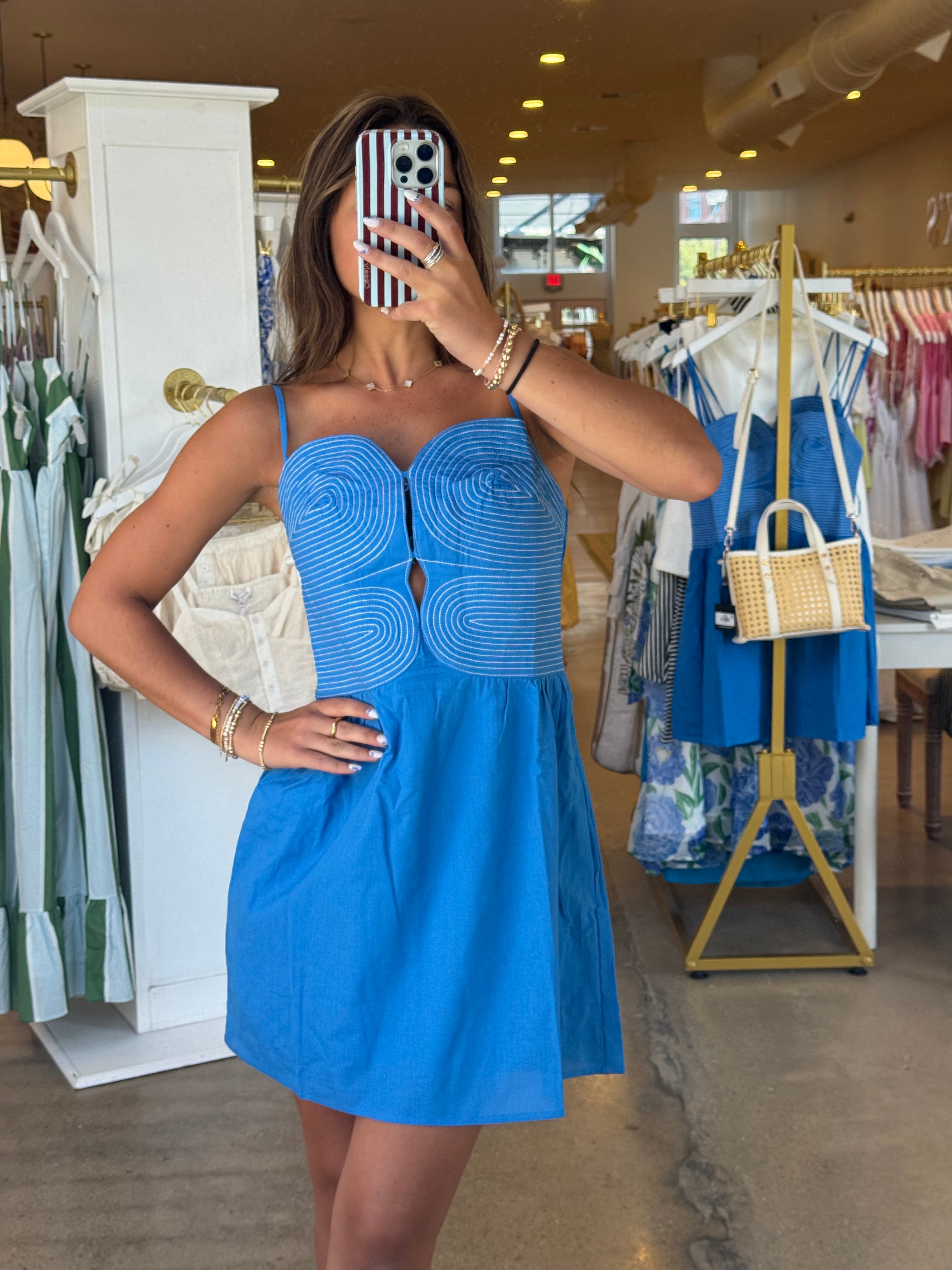 Azul Embroidered Mini Dress - Blue