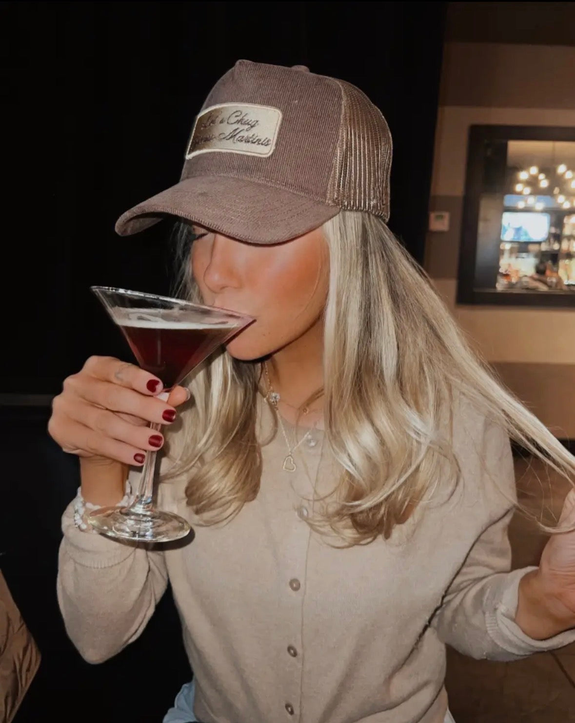 Let's Chug Espresso Martinis Corduroy Trucker Hat - Brown