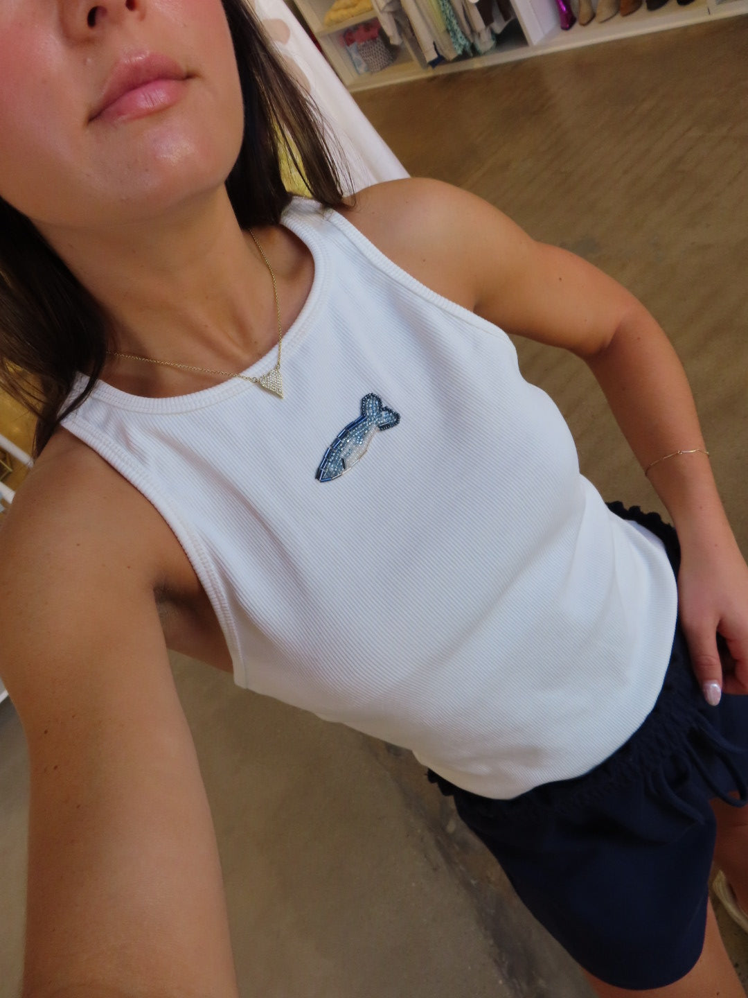 Beaded Fish Ribbed Tank - White