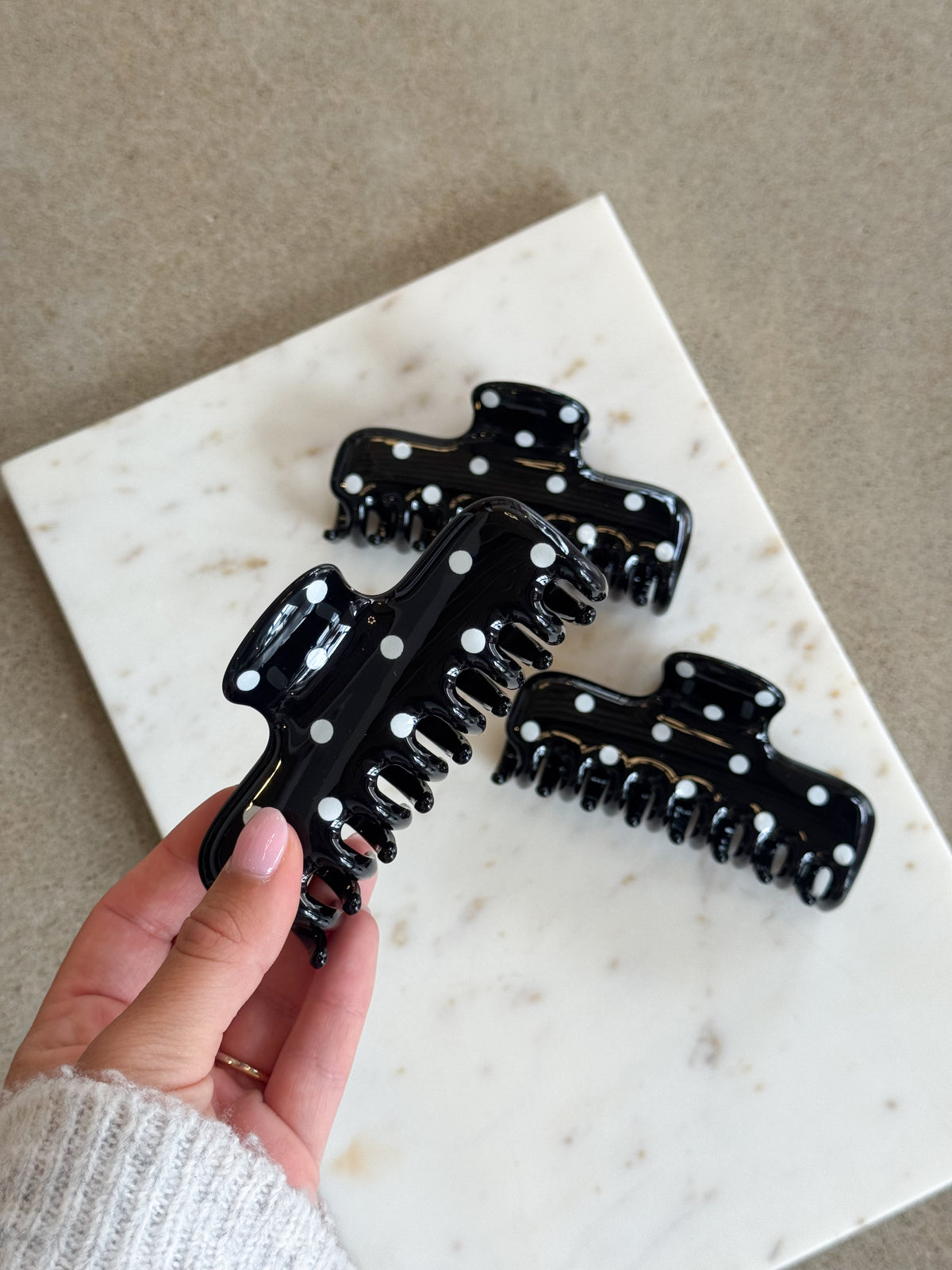 Polka Dot Rectangle Hair Claw - Black