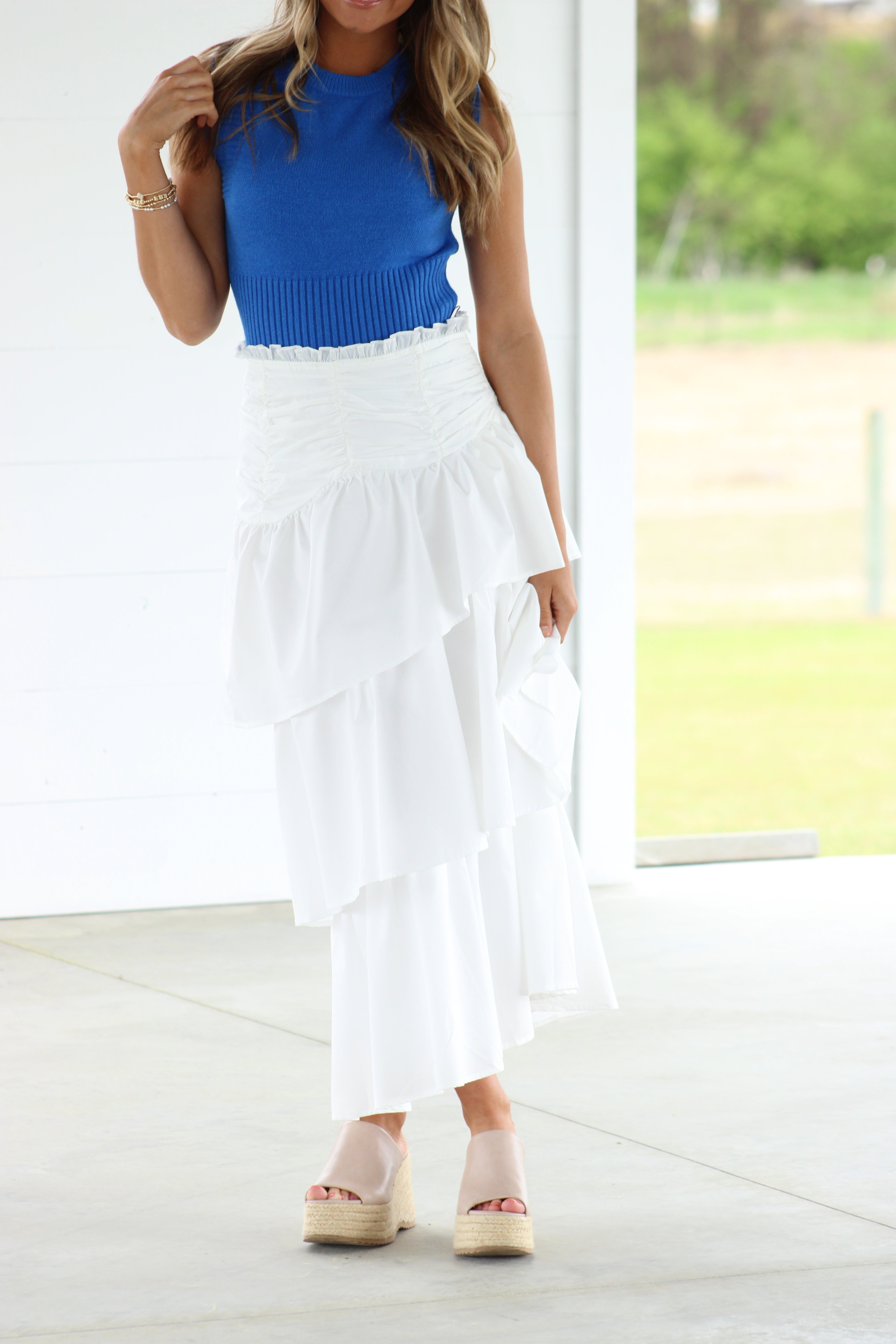 Nicola Ruffle Tiered Midi Skirt - White