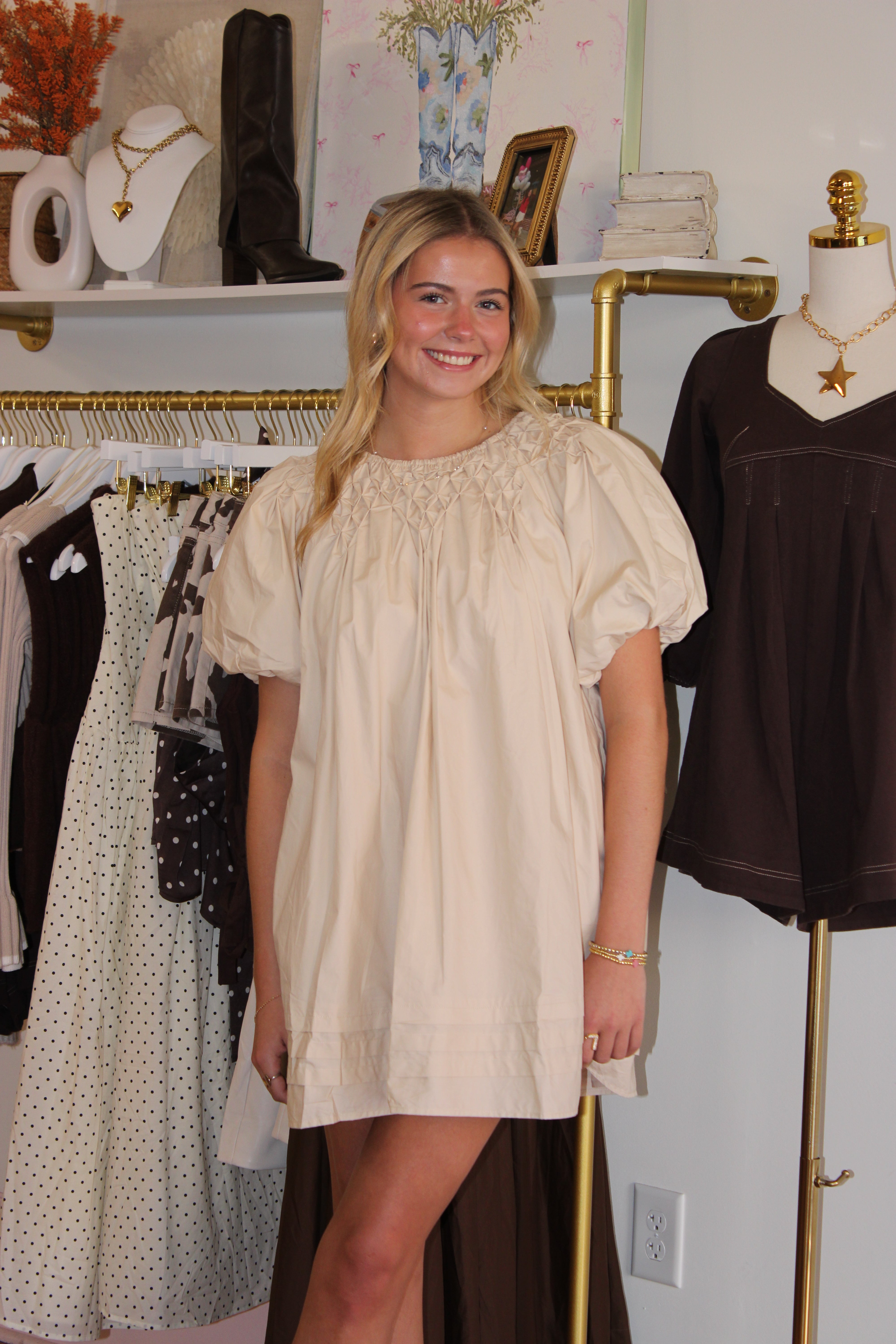 Ellia Poplin Mini Dress - Almond