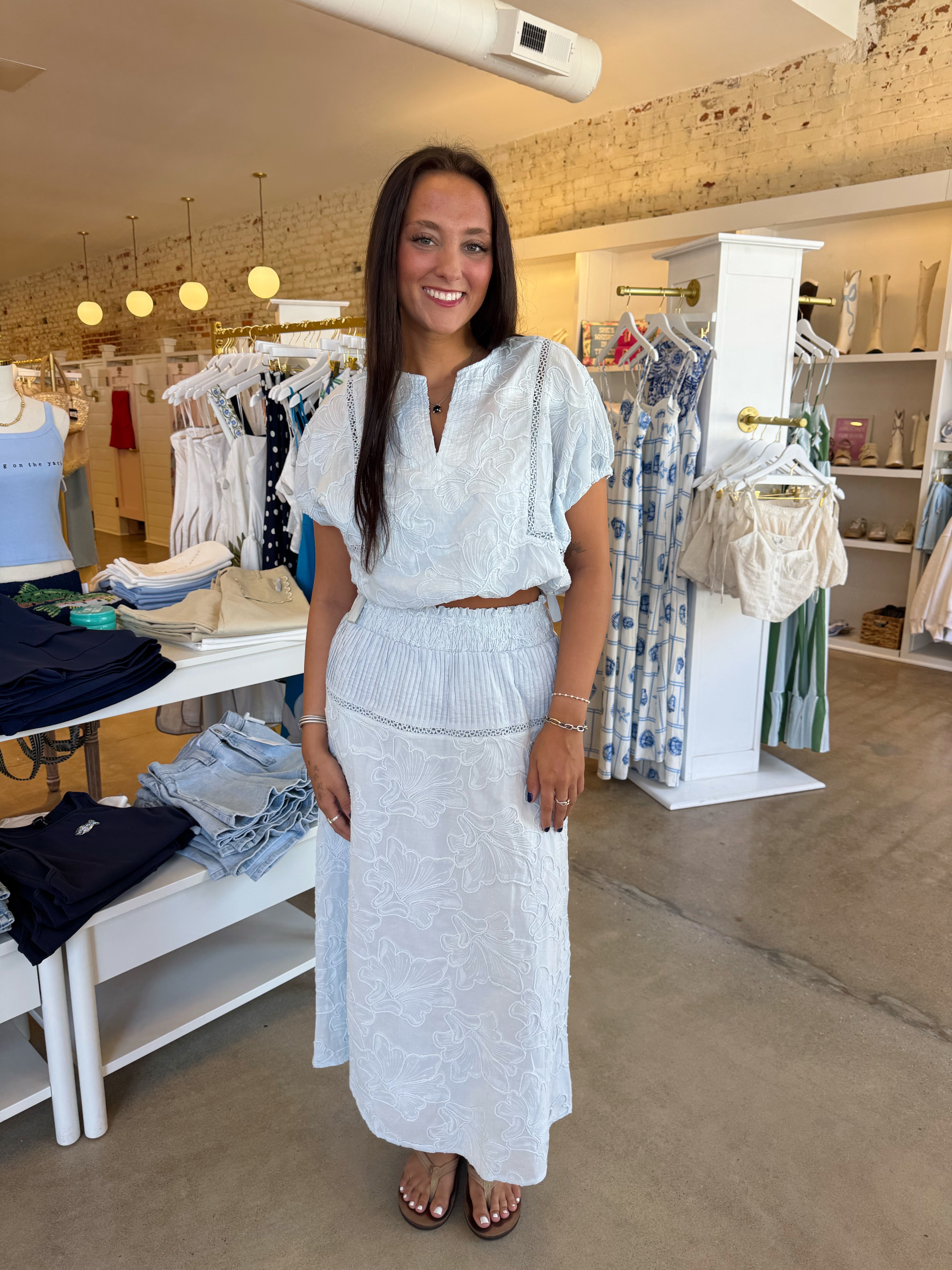 Cate Embroidered Eyelet Top & Midi Skirt Set - Light Blue