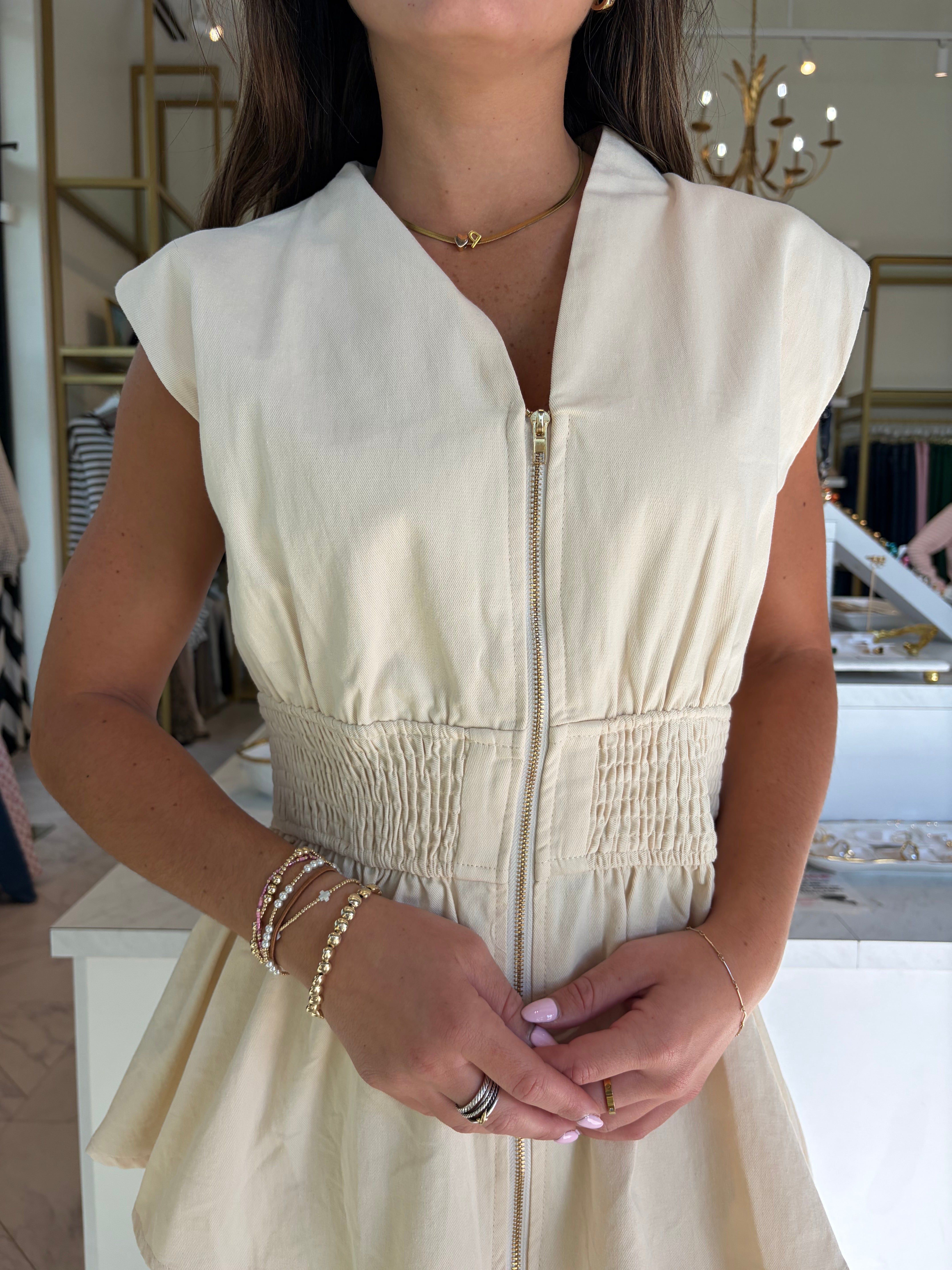 Maddison Zip Up Denim Top - Cream